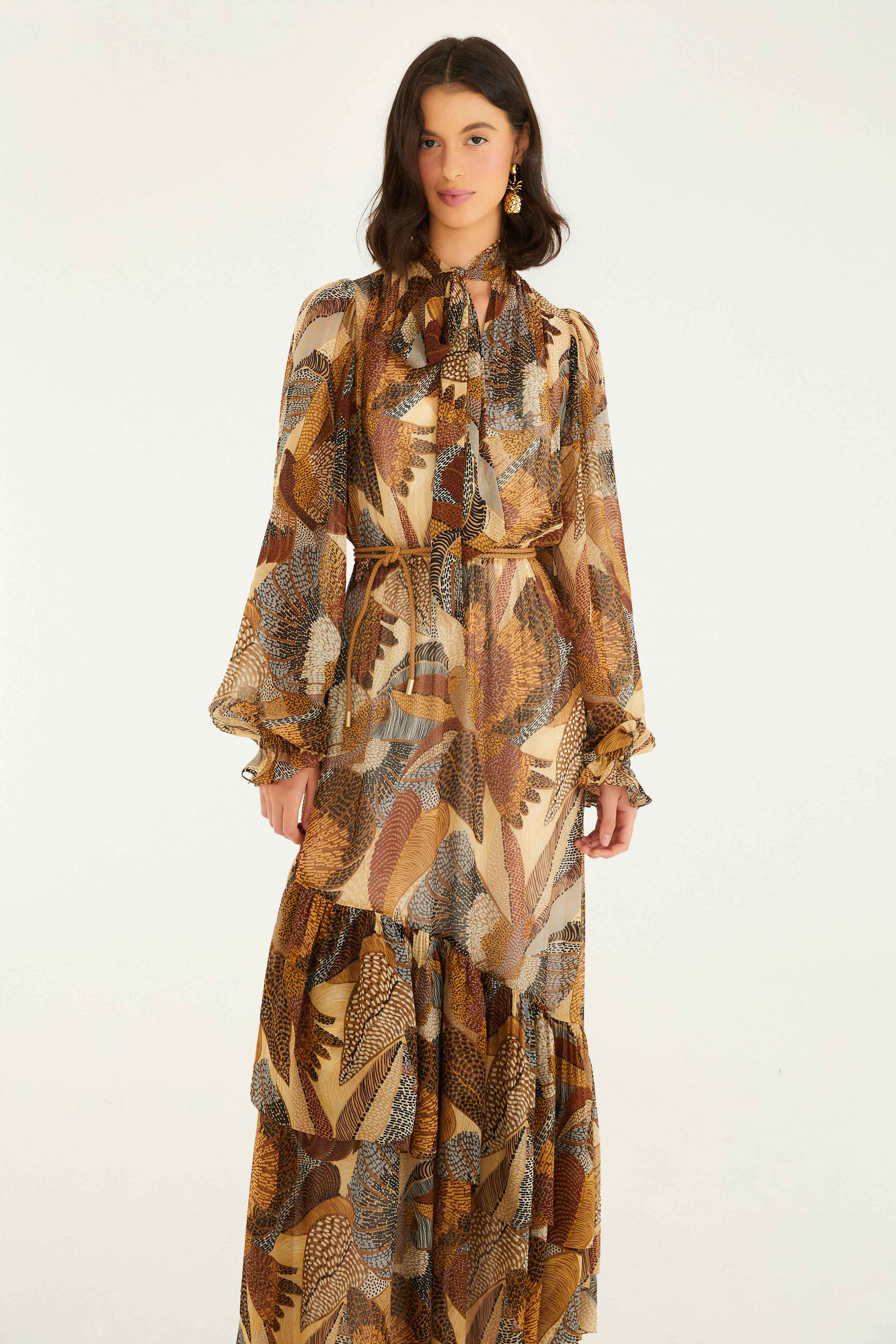Cream Dotted Macaws Long Sleeve Maxi Dress - 2