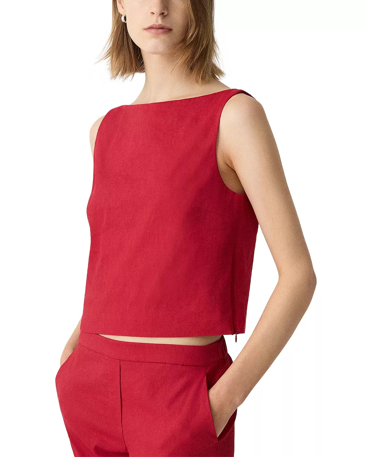 Bateau Neck Linen Cropped Top - 4