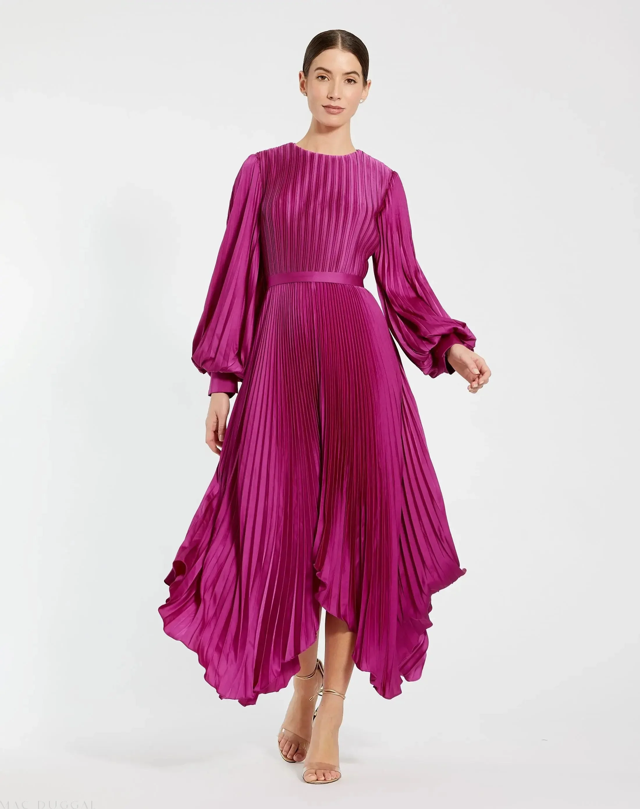 Fuchsia Long Sleeve Pleated Charmeuse Handkerchief Dress - 1
