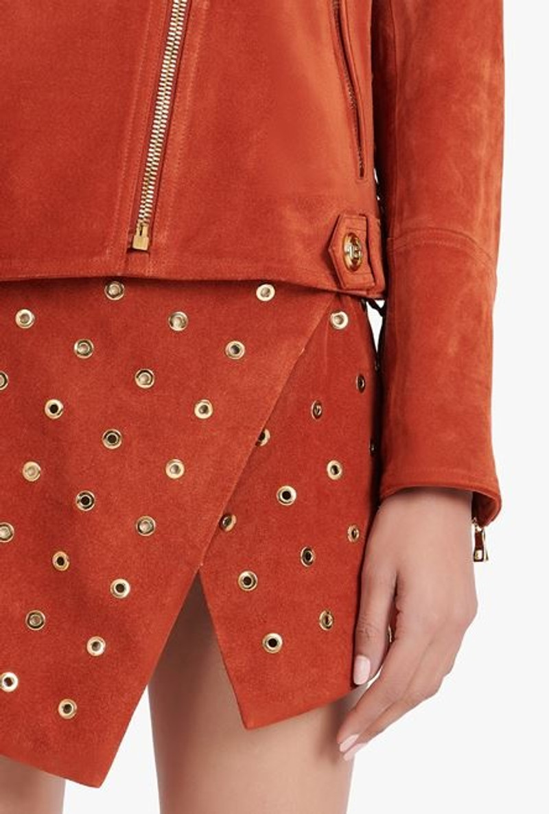 Balmain x Netflix -Terracotta and golden suede biker jacket 8