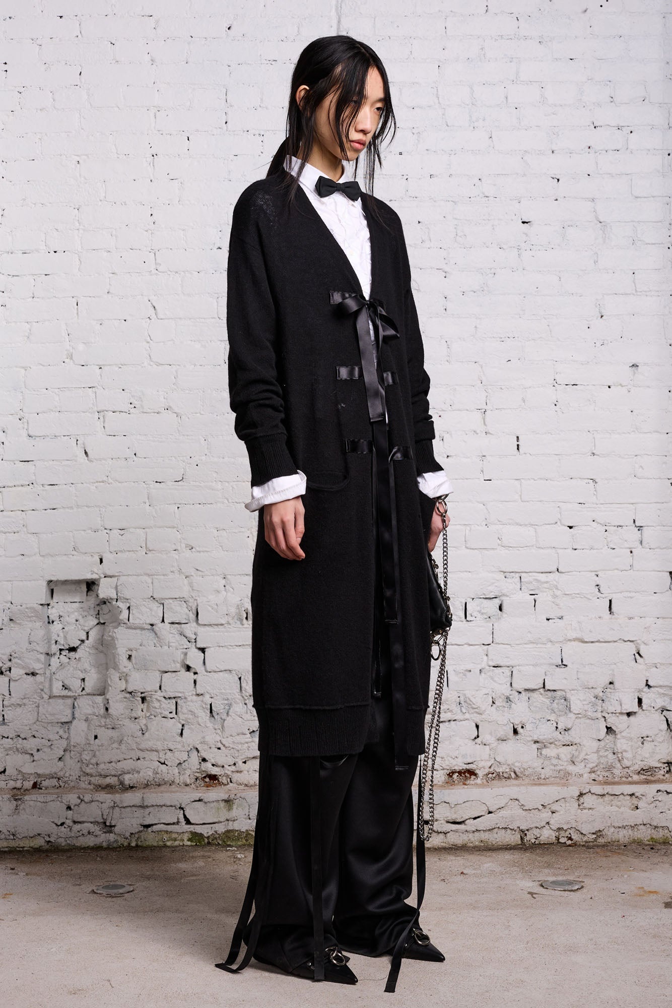 TAPE TIE LONG CARDIGAN - BLACK AND SATIN - 4