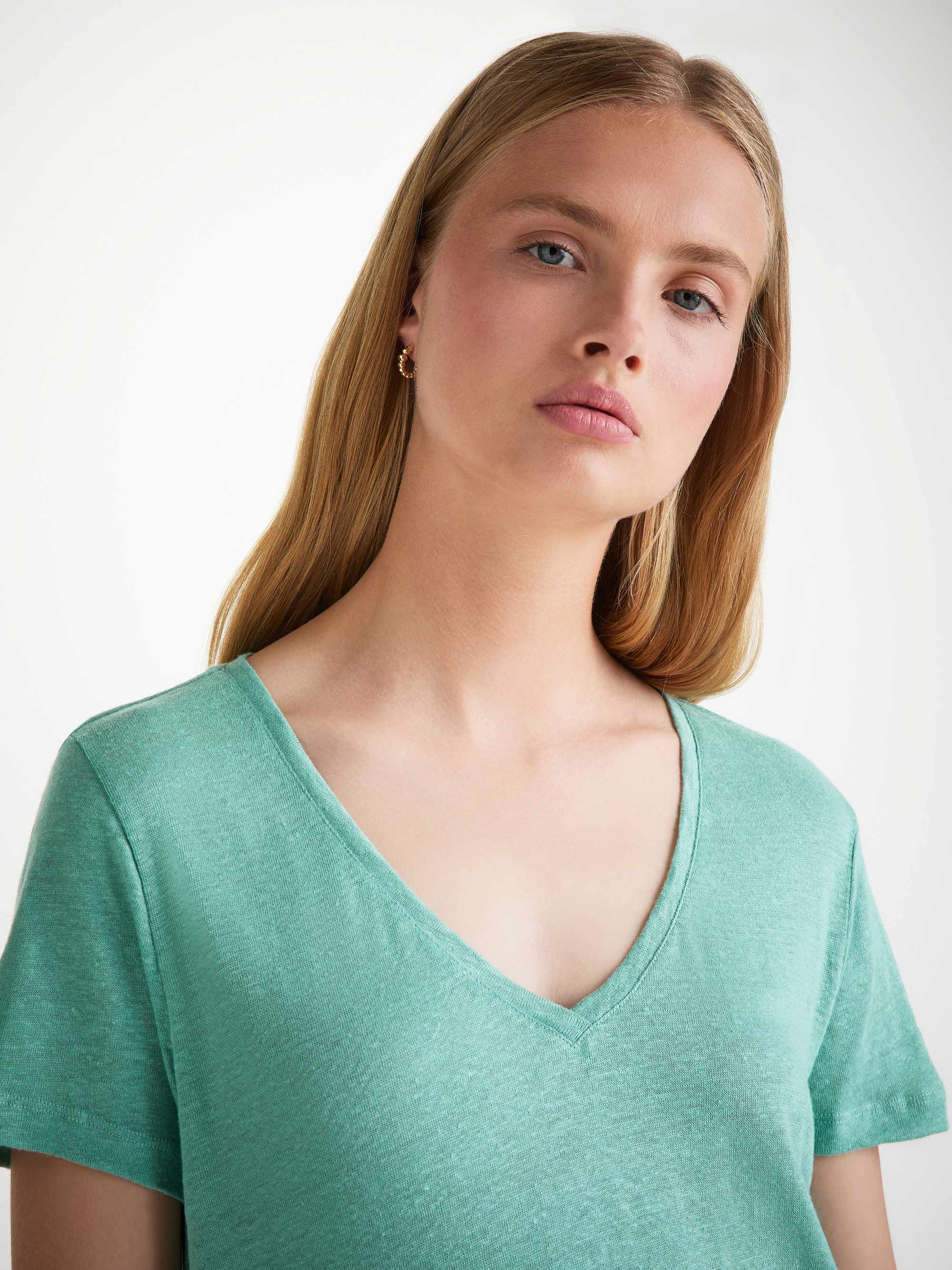 Women's V-Neck T-Shirt Jordan Linen Soft Aqua - 2