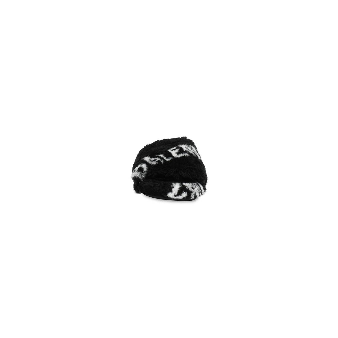 Women's Furry Slide Sandal Allover Logo in Black - 3
