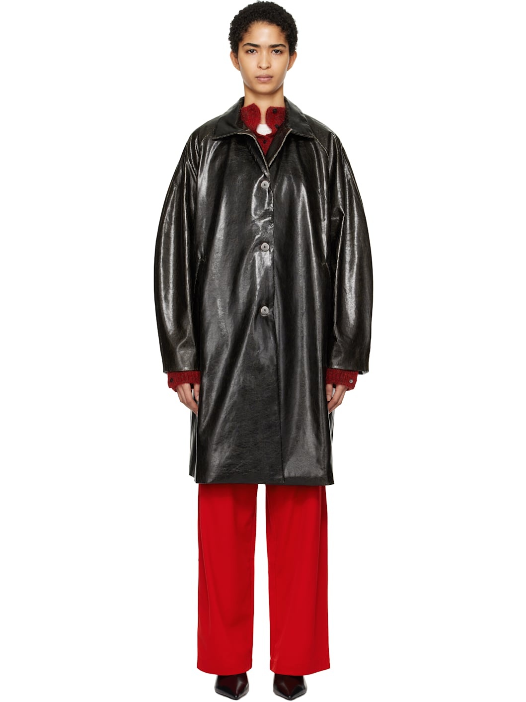 Black Scratched Faux-Leather Coat - 1