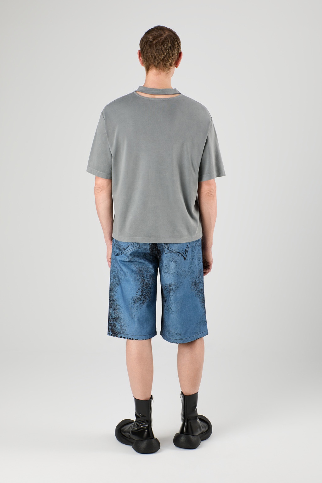 Dark Blue-Black Distorted Print Denim Shorts - 5