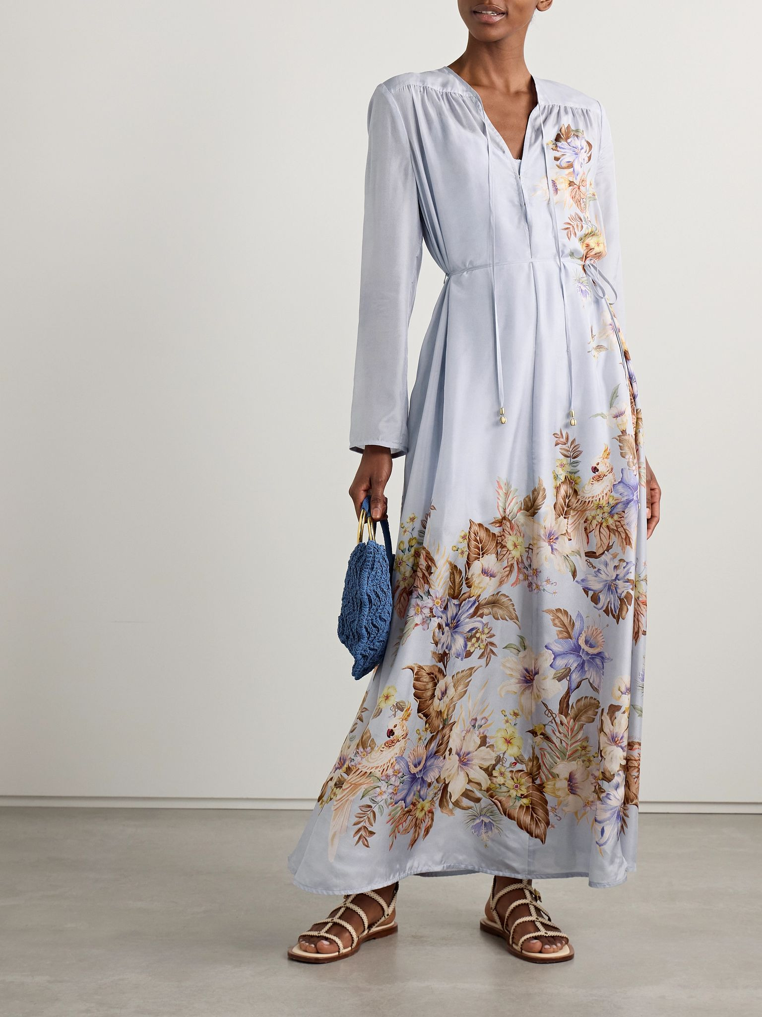 Coco belted printed silk-satin maxi dress Blue - 2