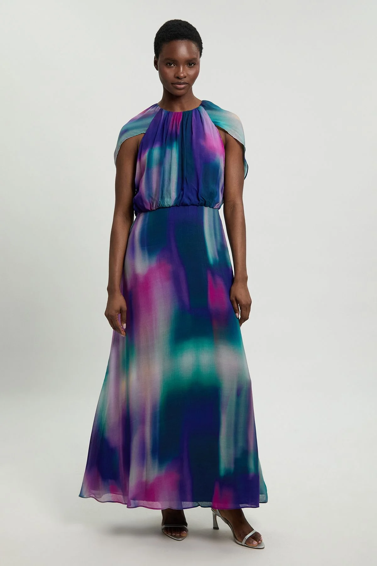 Crinkle Georgette Cape Blur Print Woven Maxi Dress - 1