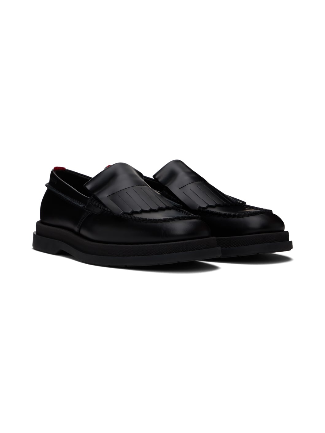 Black Leather Fringe Trim Loafers - 4