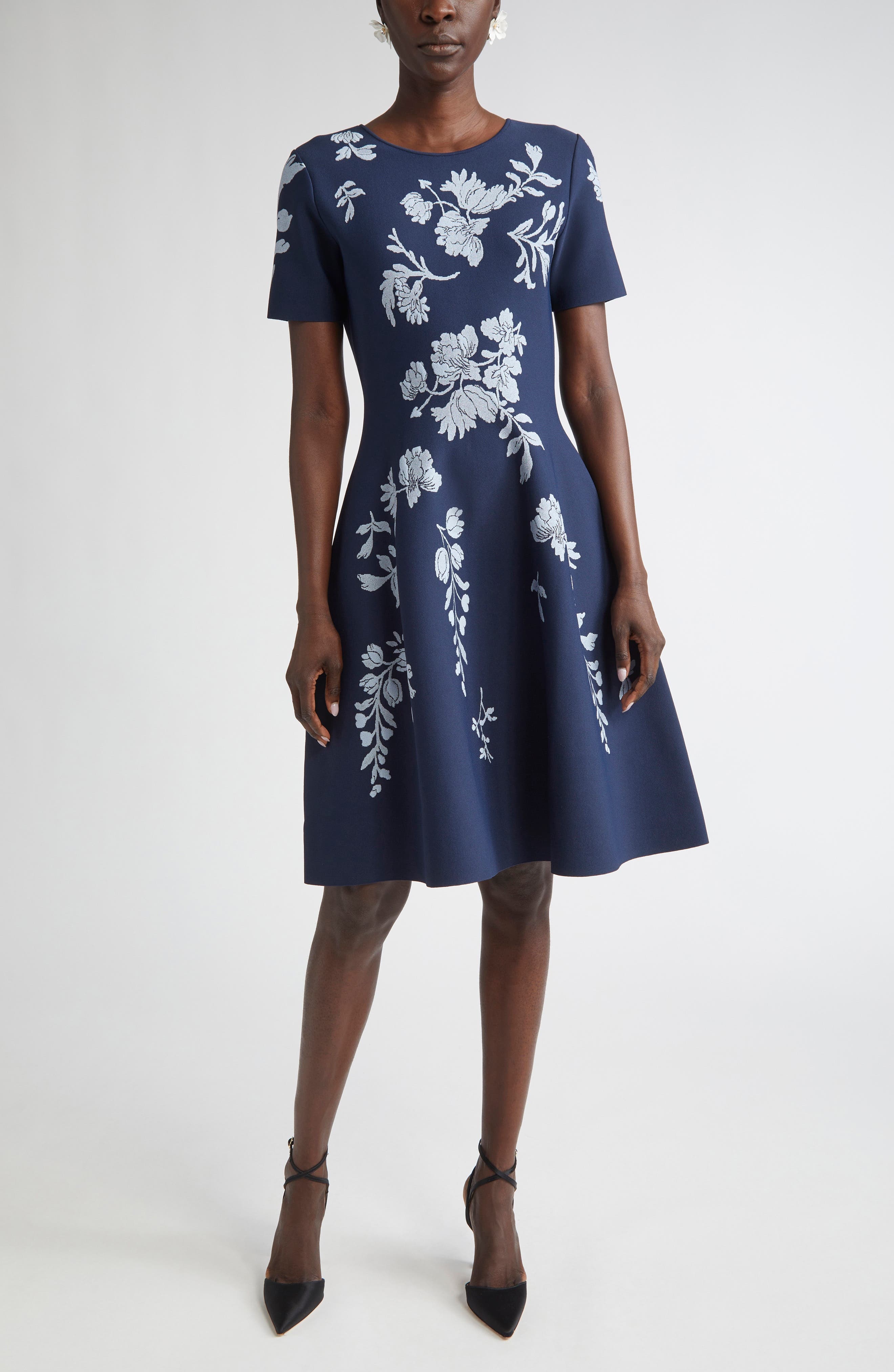 Carolina Herrera Floral Jacquard Fit & Flare Dress in Midnight Multi at Nordstrom - 1