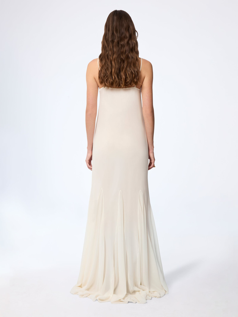 Cream Long Embroidered Flowers Silk Dress 4