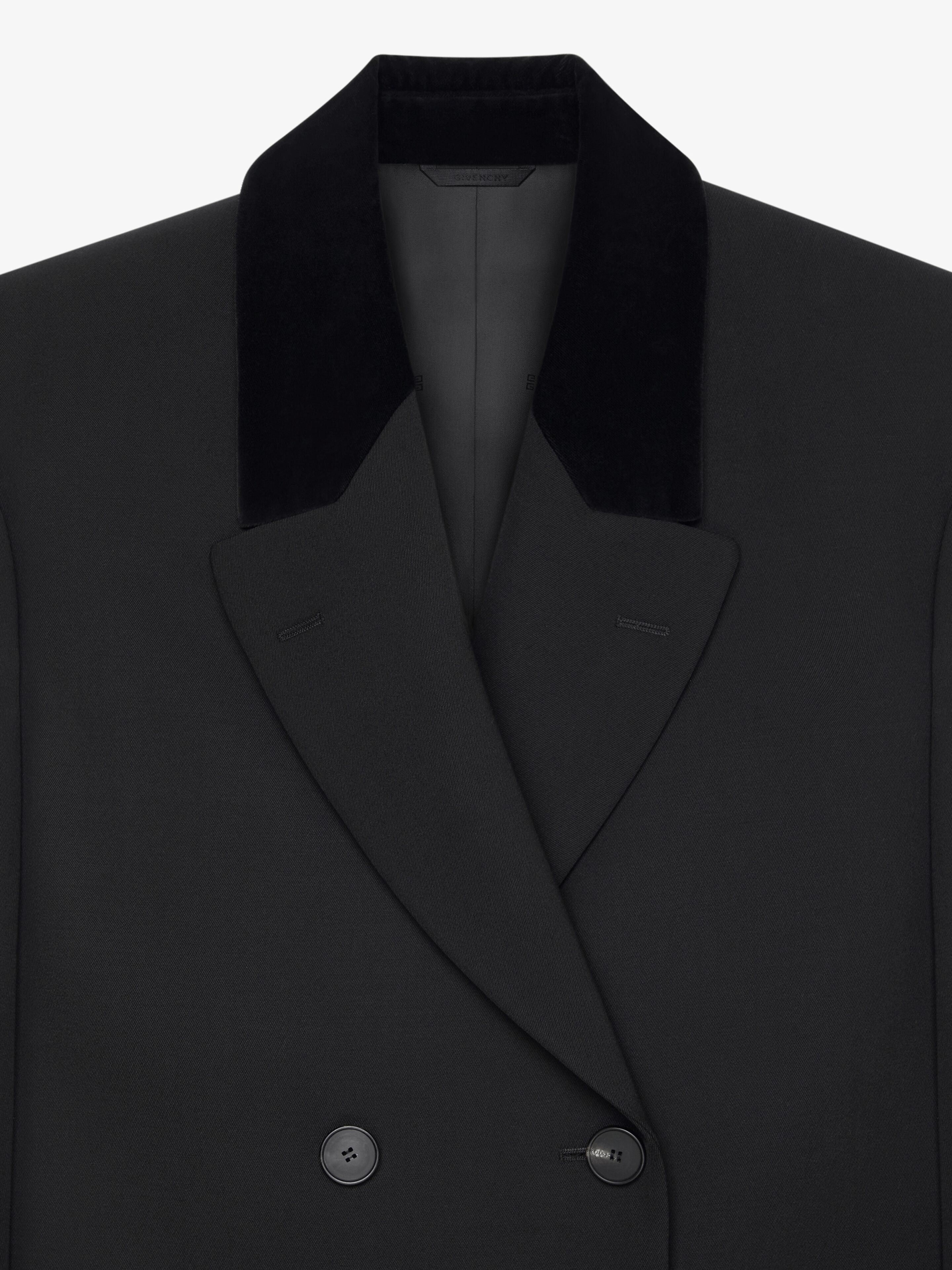 DOUBLE BREASTED COAT IN TRICOTINE WOOL WITH VELVET DETAILS - 5