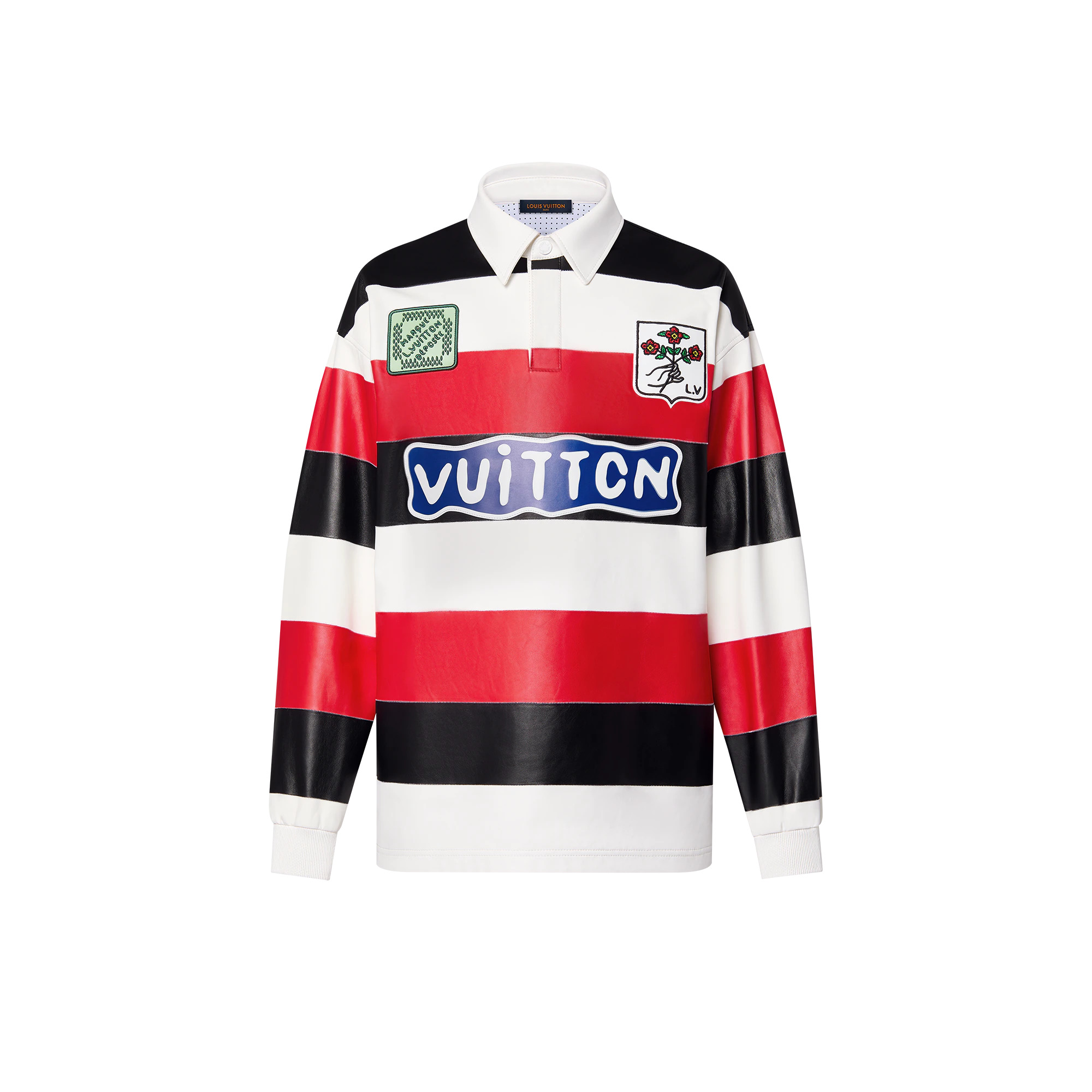 Long-Sleeved Leather Intarsia Rugby Polo - 1