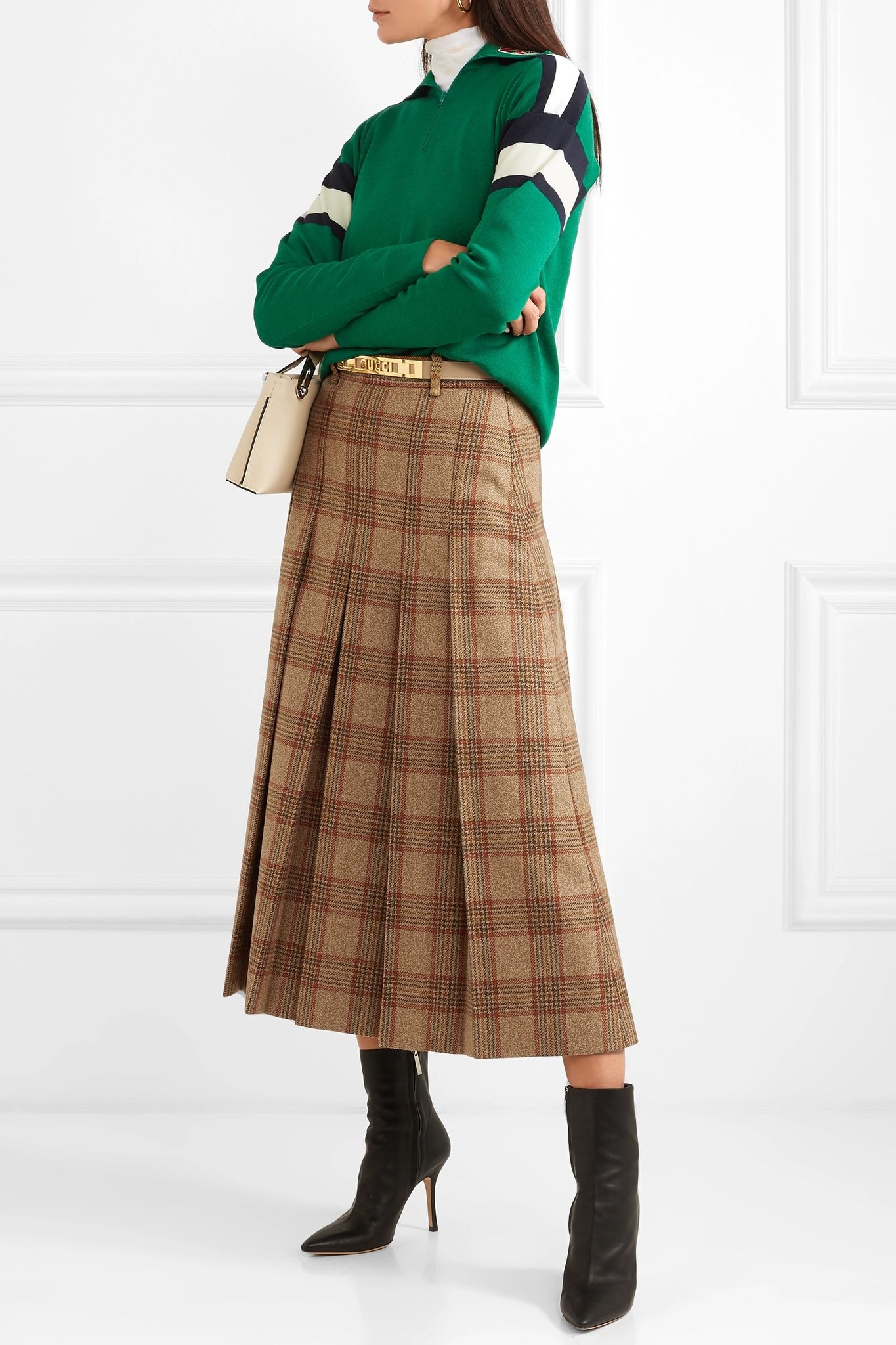 Belted checked wool midi skirt - 2