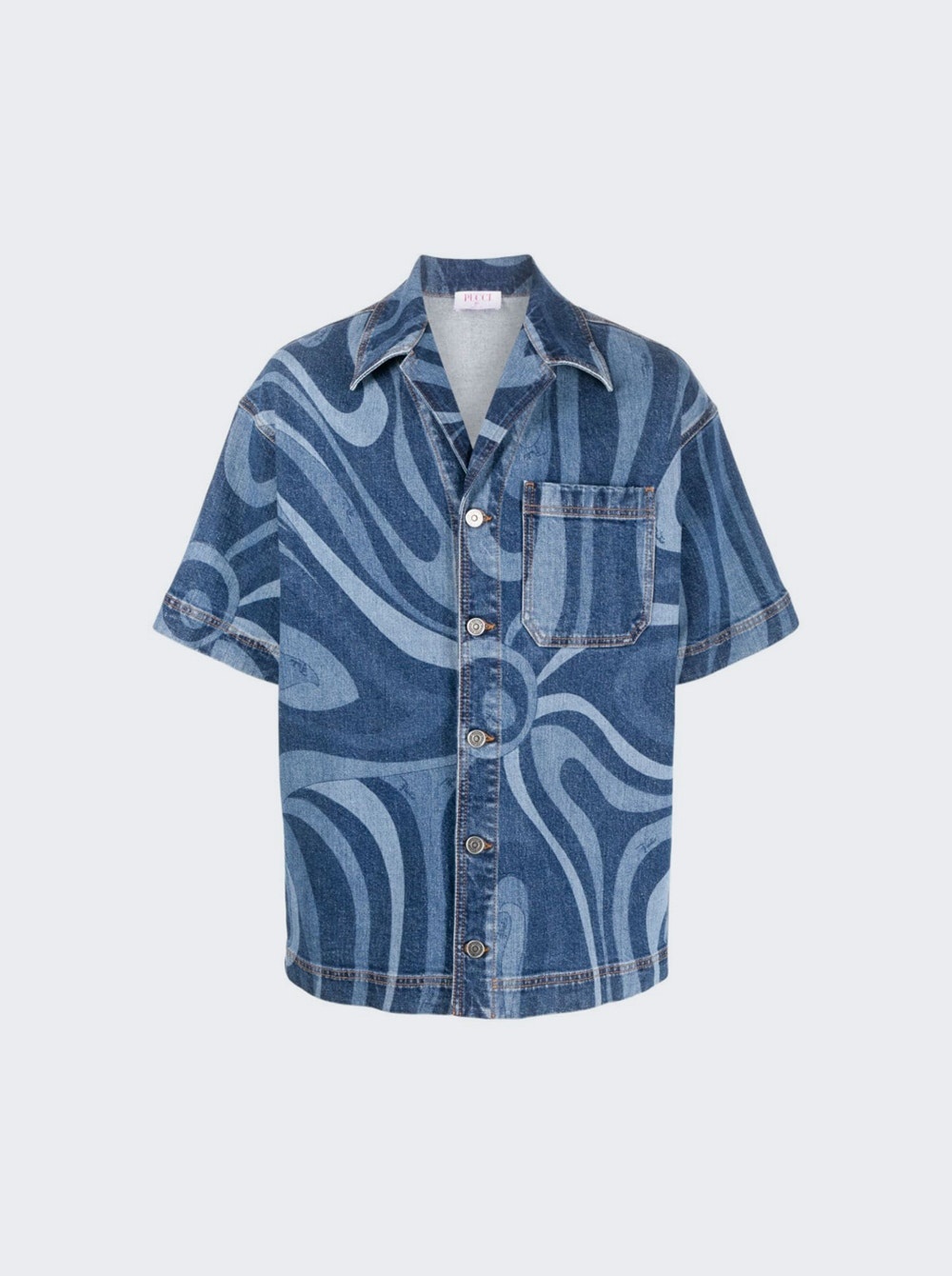 Marmo-Print Short Sleeve Denim Shirt Blue - 1