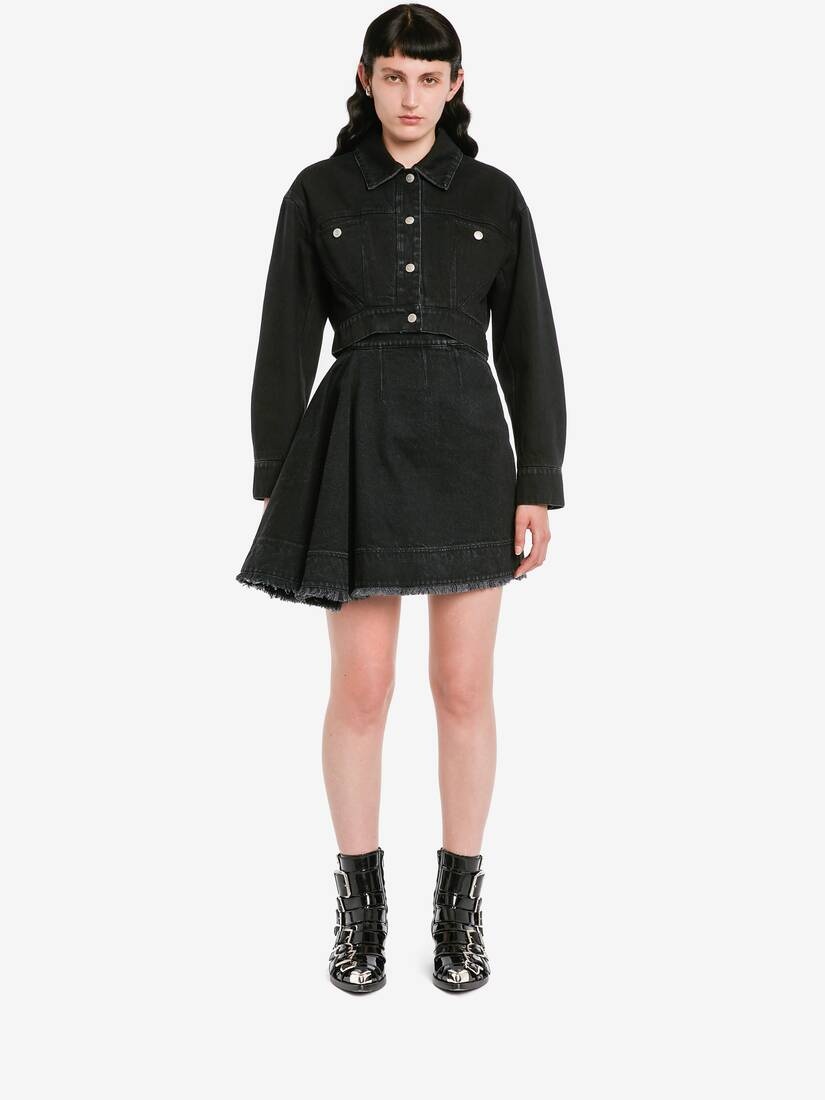 Women's Asymmetric Mini Denim Skirt in Black - 2