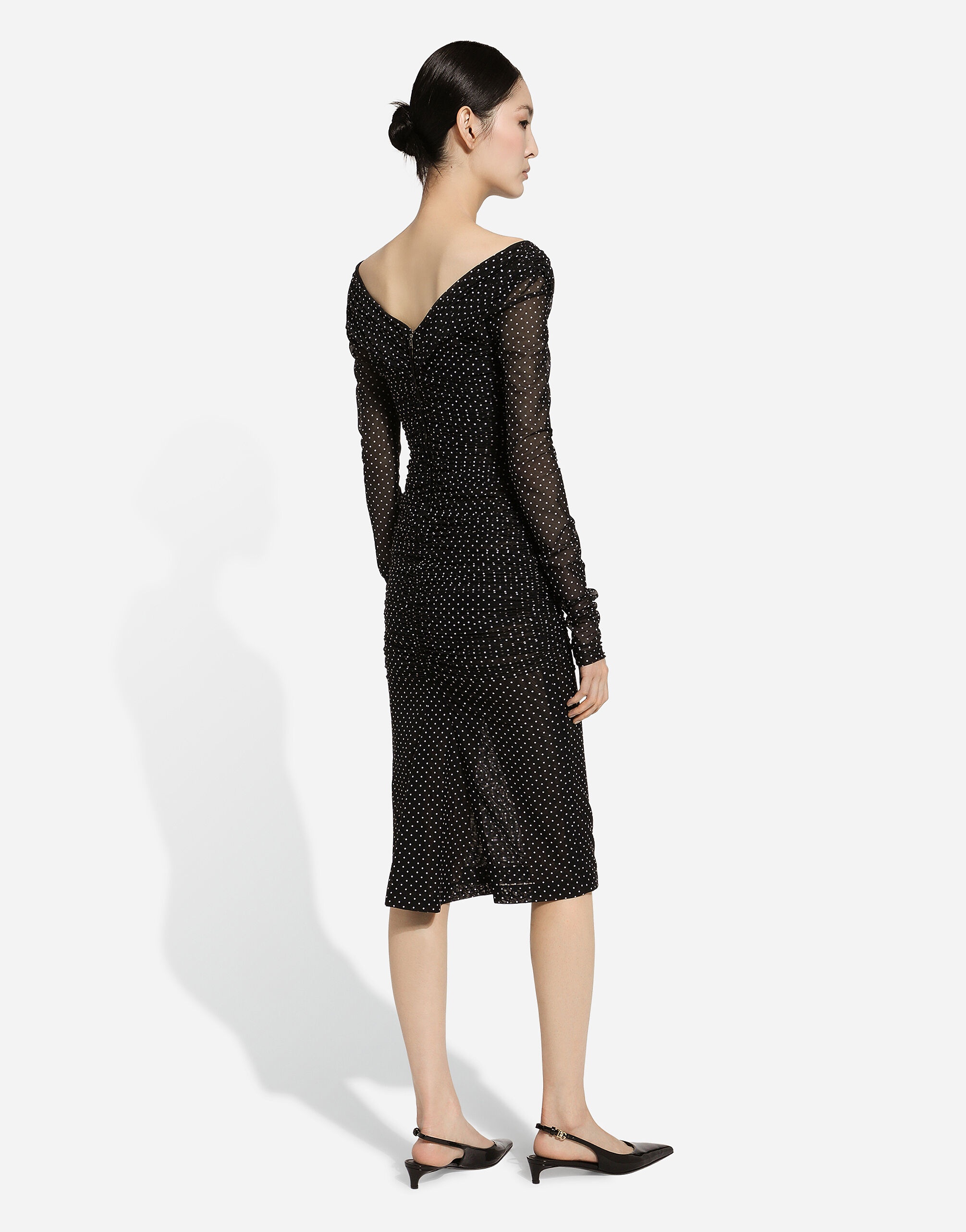 Tulle calf-length dress with draping and polka-dot print - 3