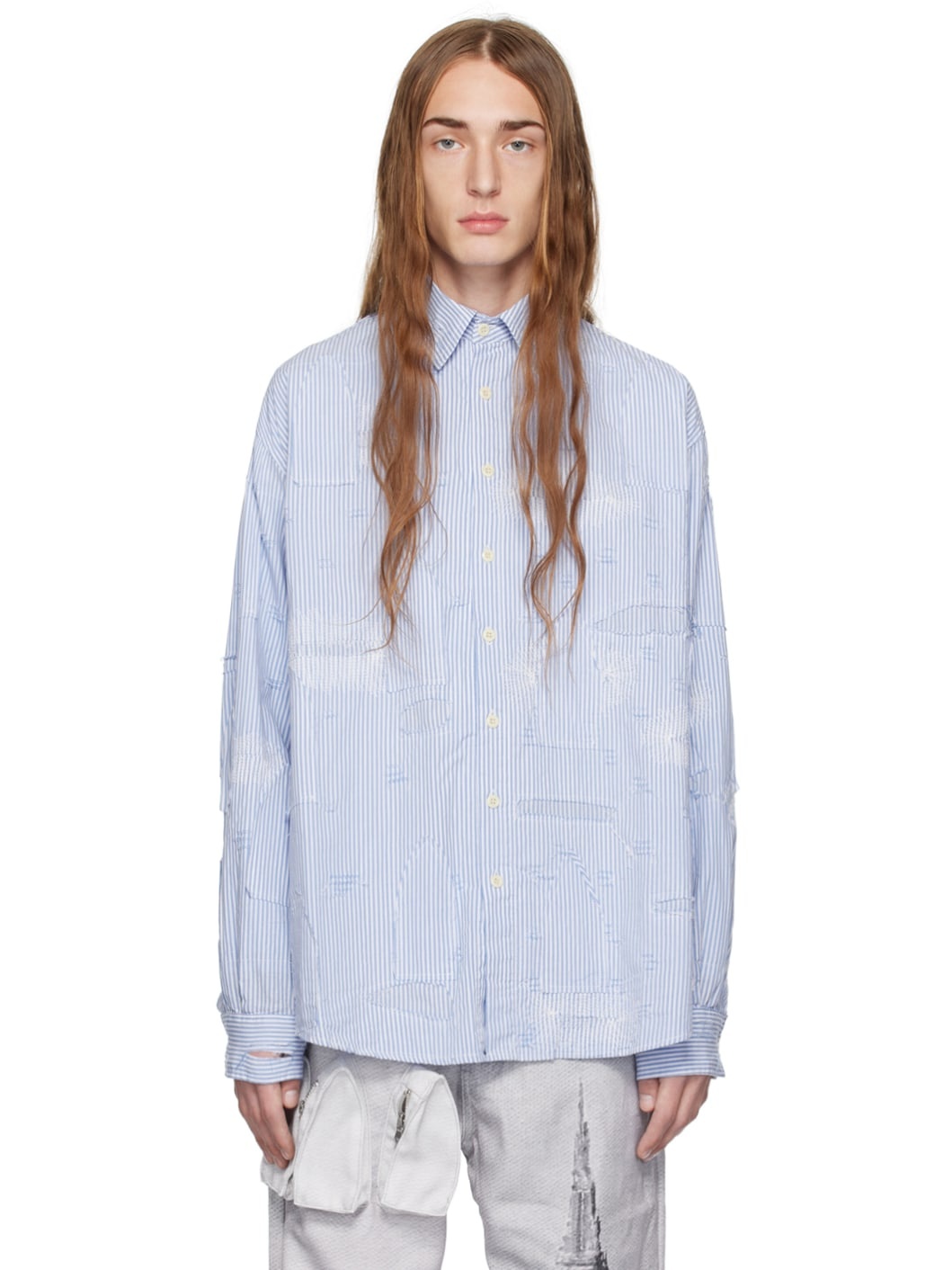 Blue Gathered Fray Shirt - 1