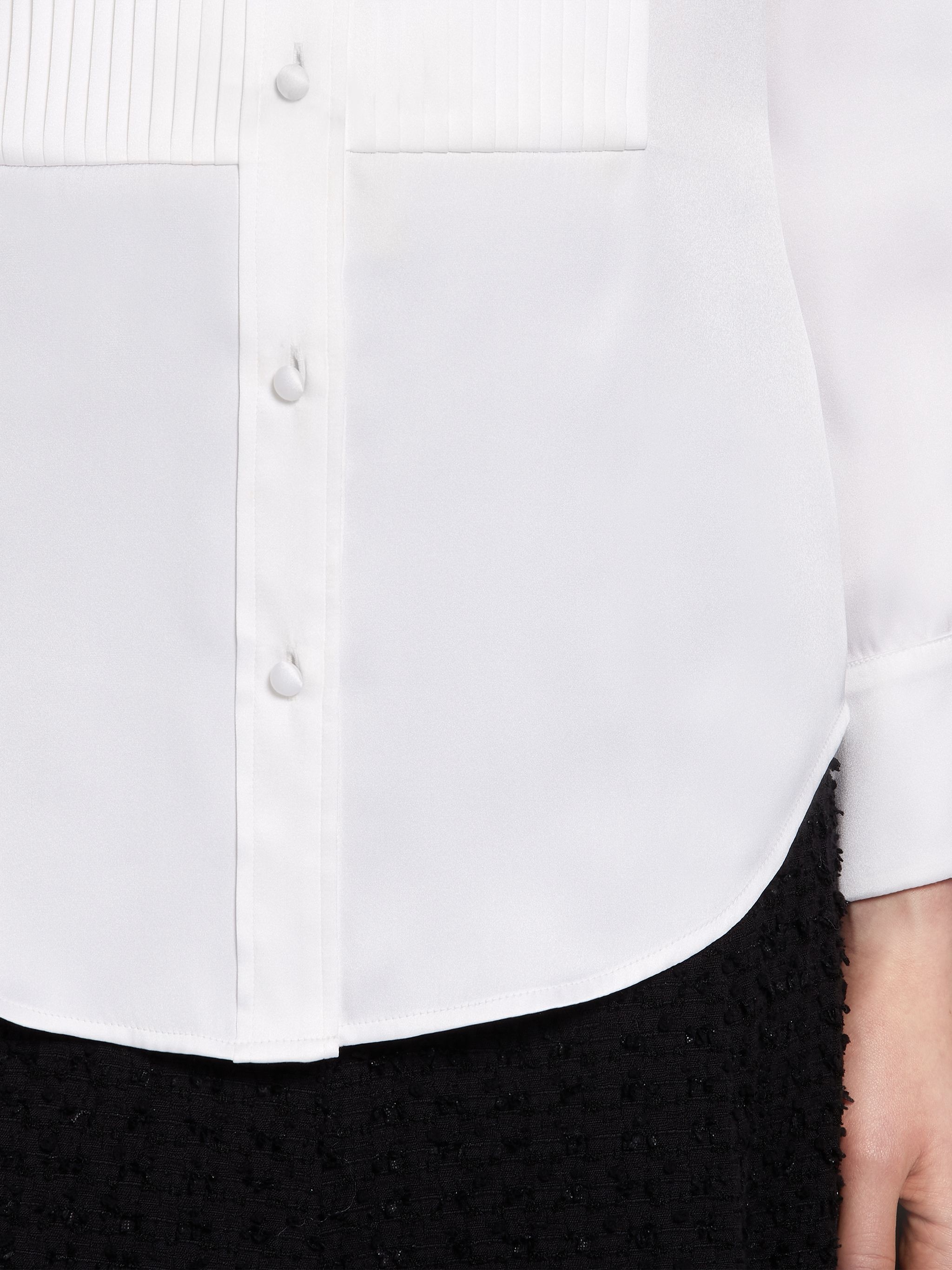 White Double Face Satin Silk Pleated Bib Long Sleeve Point Collar Shirt - 6