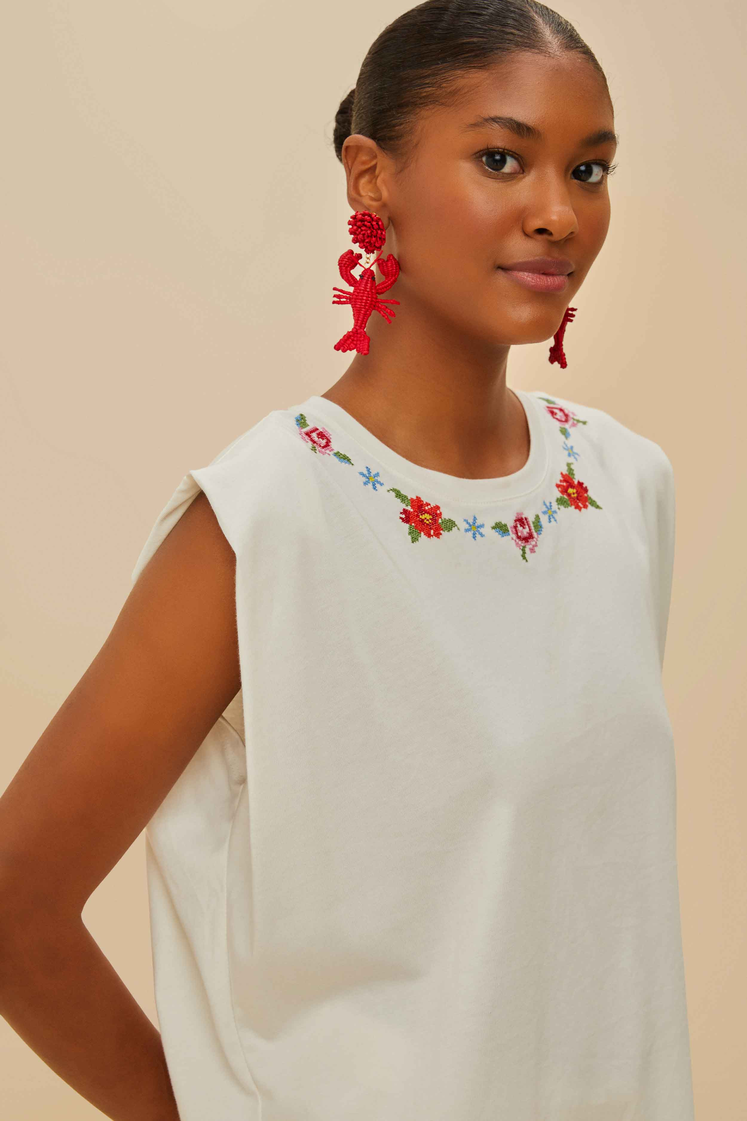 Off-White Cross Stitch Flowers Organic Cotton T-Shirt - 3