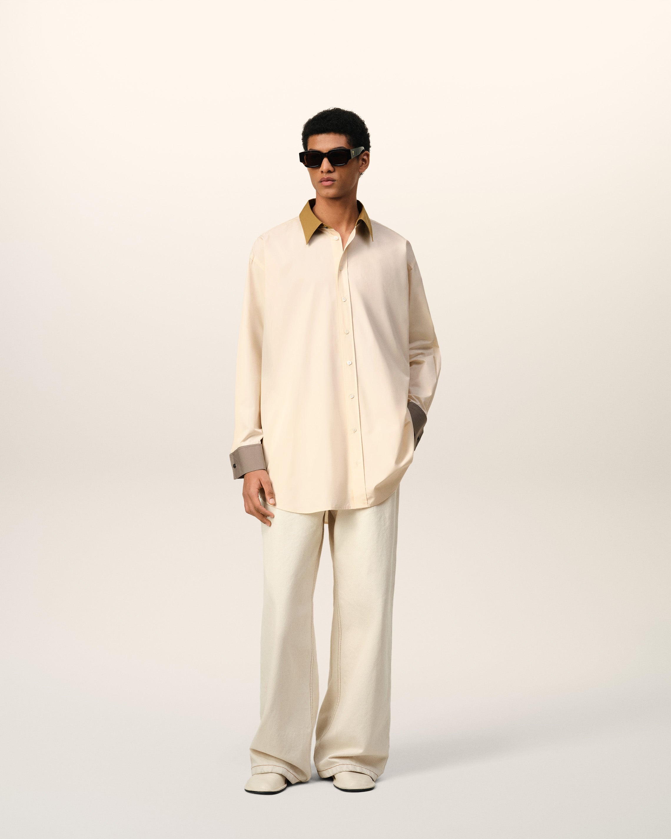 BEIGE COTTON CLASSIC COLLAR LOOSE SHIRT - 2