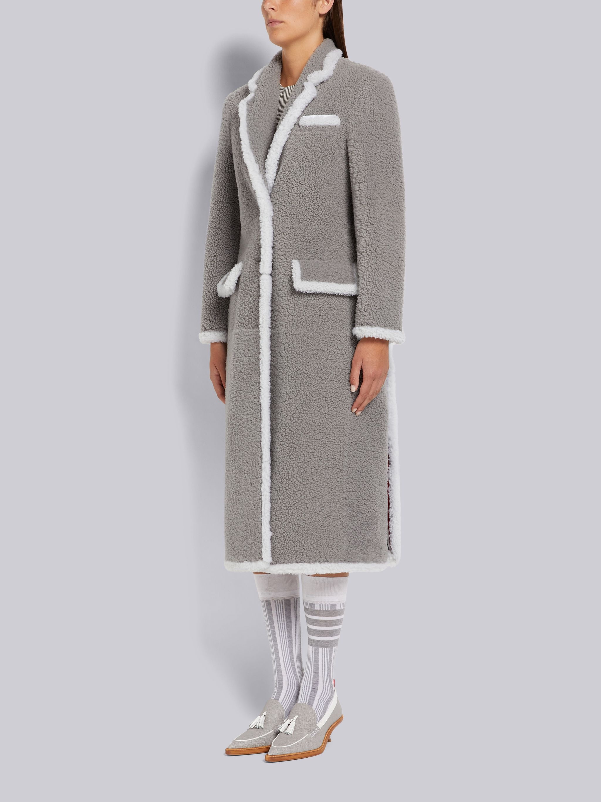 Medium Grey Dyed Shearling Contrast Framing Wide Lapel Overcoat - 2