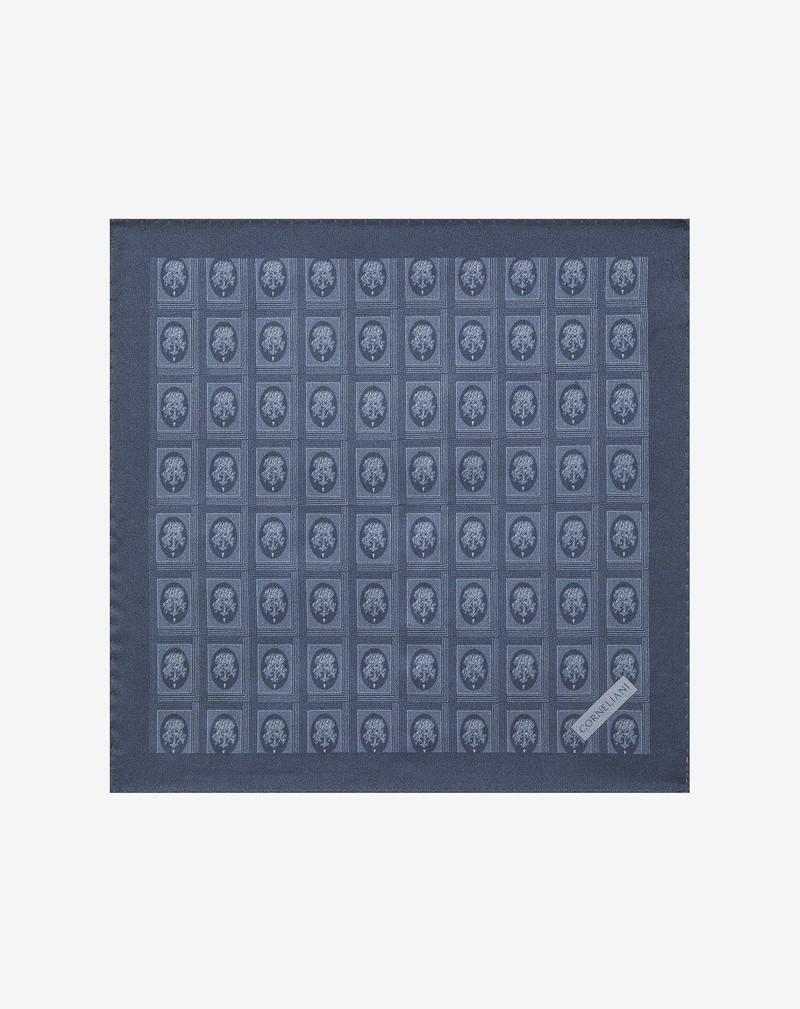 Blue silk pocket square with crest print 1