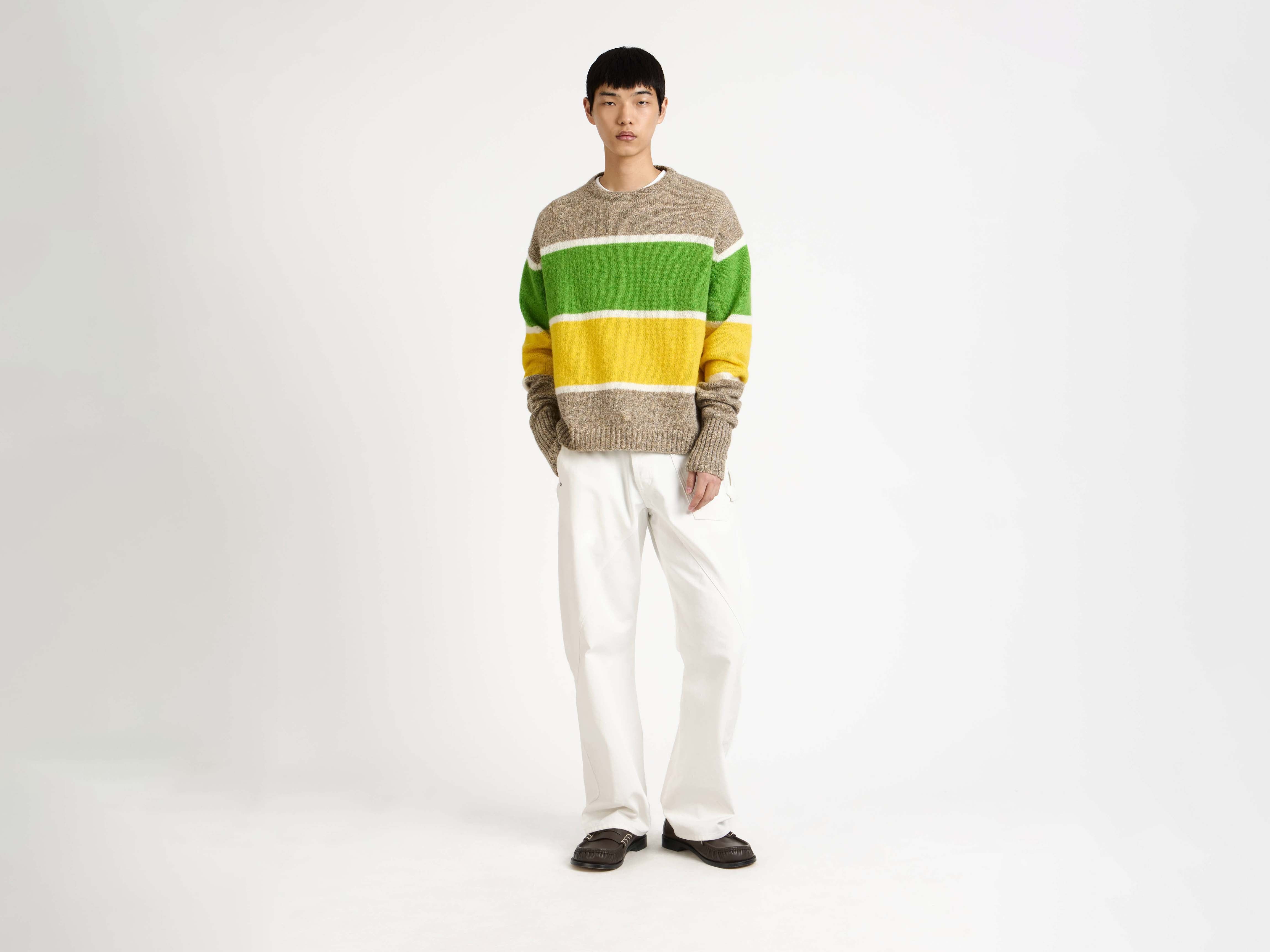 CONTRAST STRIPED CREW NECK JUMPER IN BEIGE MELANGE - 2