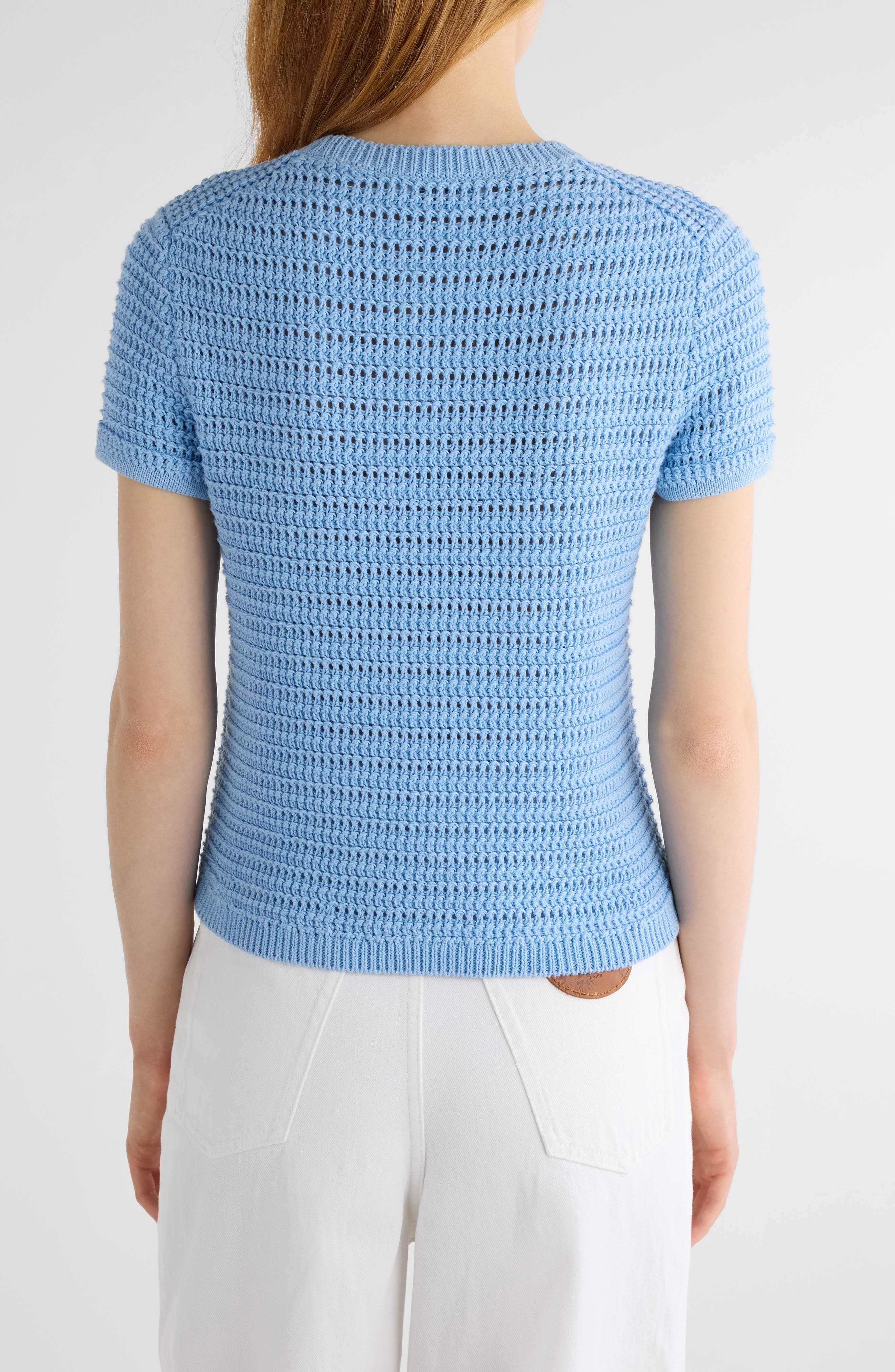 Chloé Open Knit Short Sleeve Organic Cotton Sweater in Softy Blue at Nordstrom - 2
