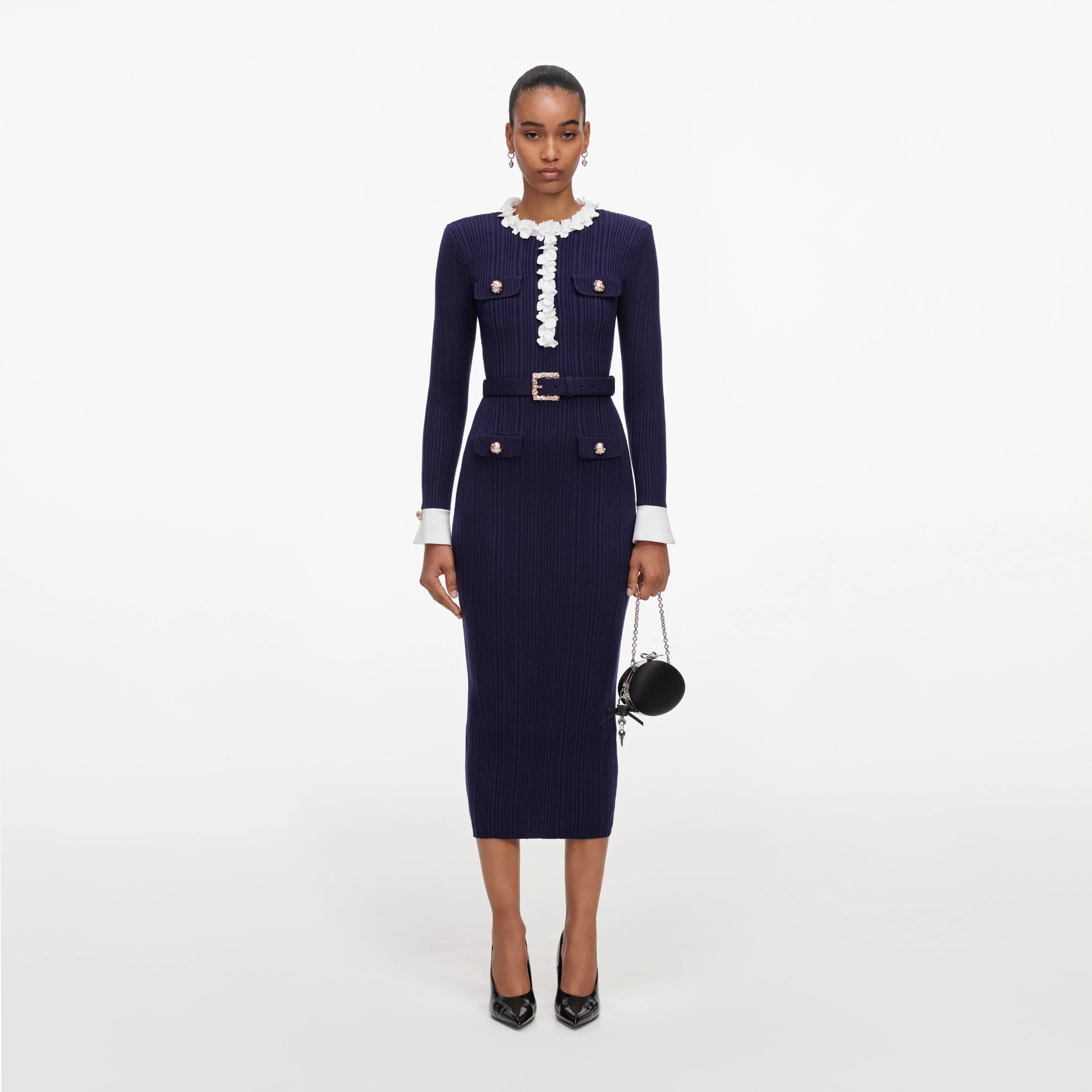 Navy Flower Rib Knit Midi Dress - 1
