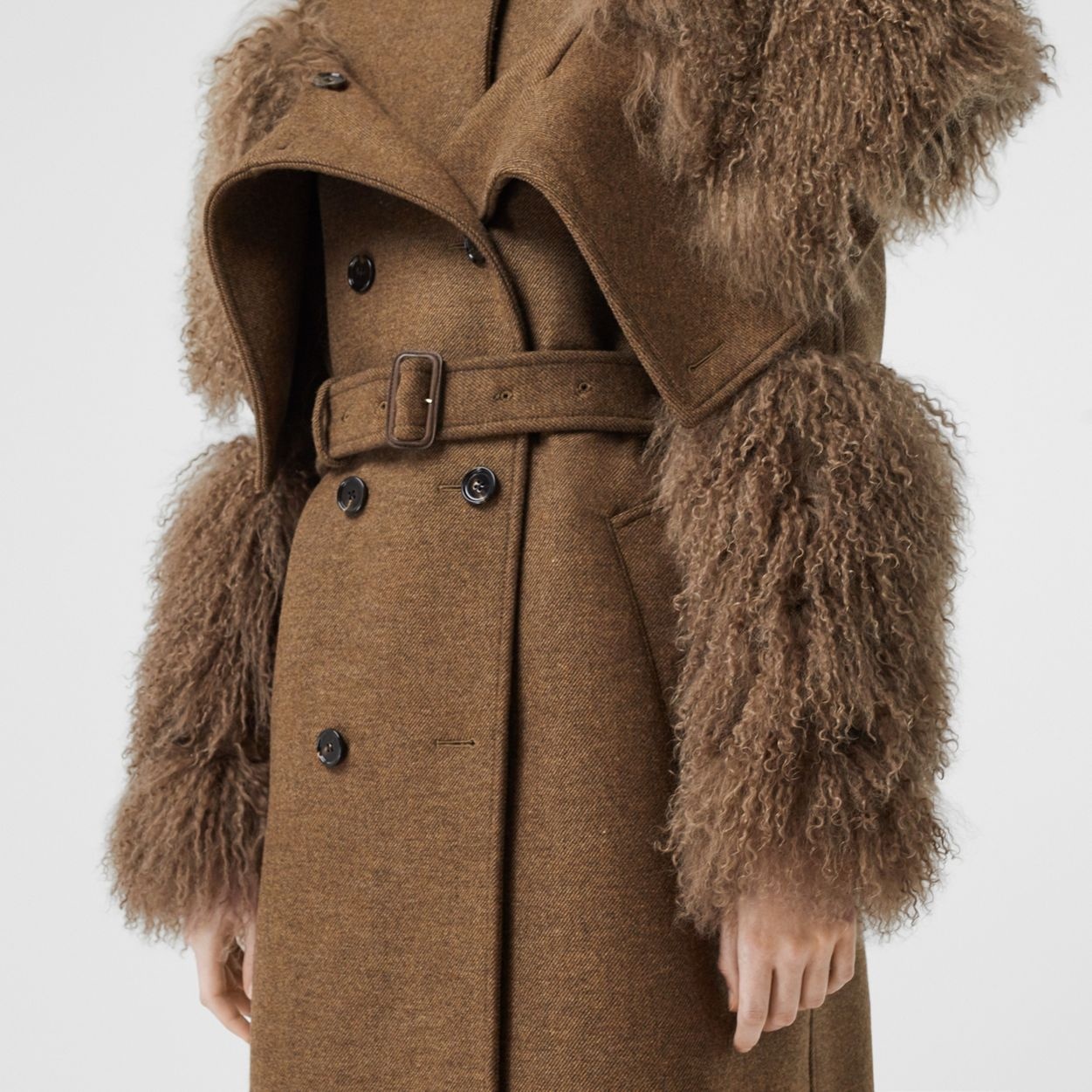 Shearling Trim Wool Cashmere Trench Coat - 5