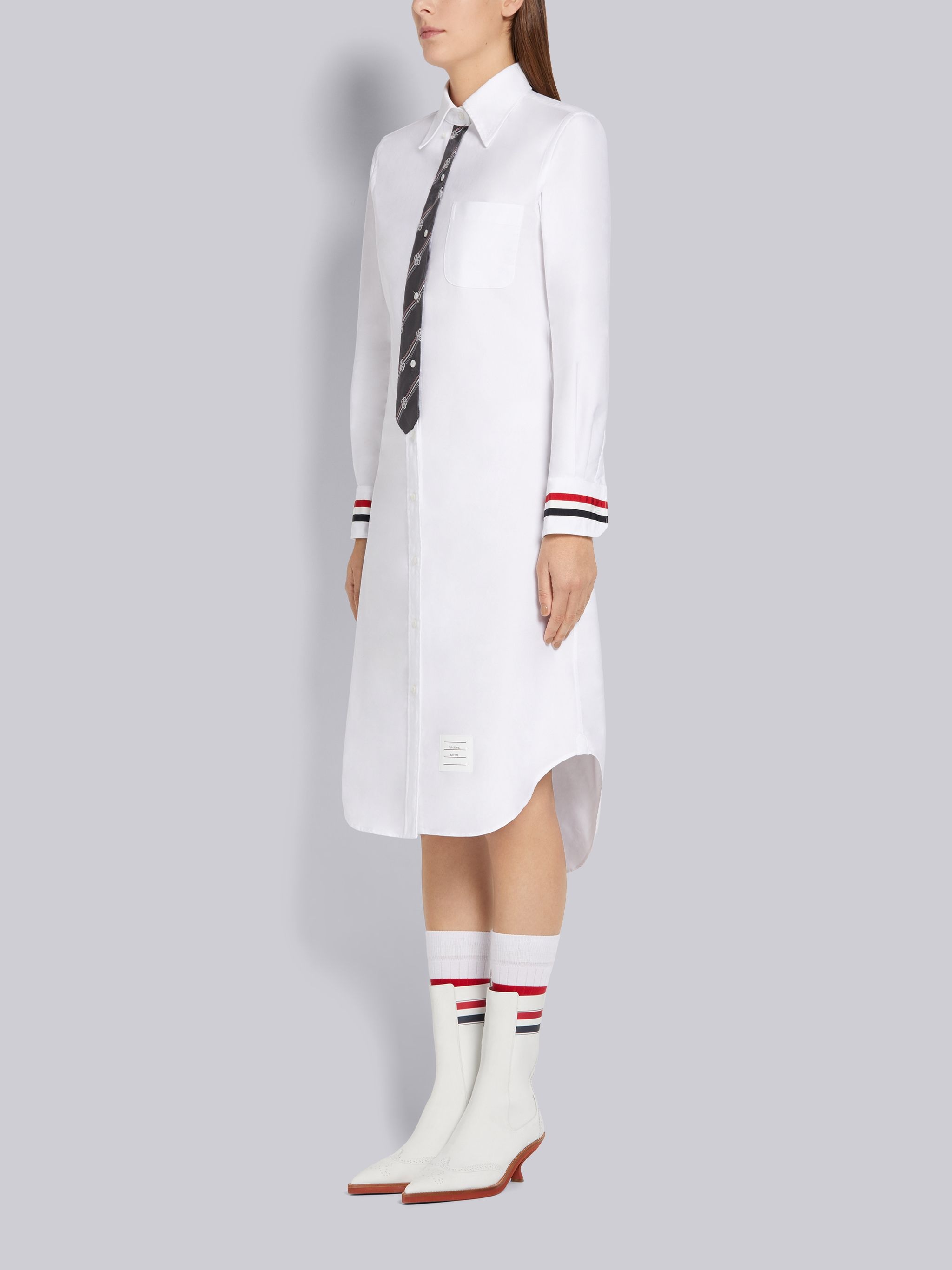 White Oxford Button Down Long-sleeved Classic Shirtdress With Tie - 2