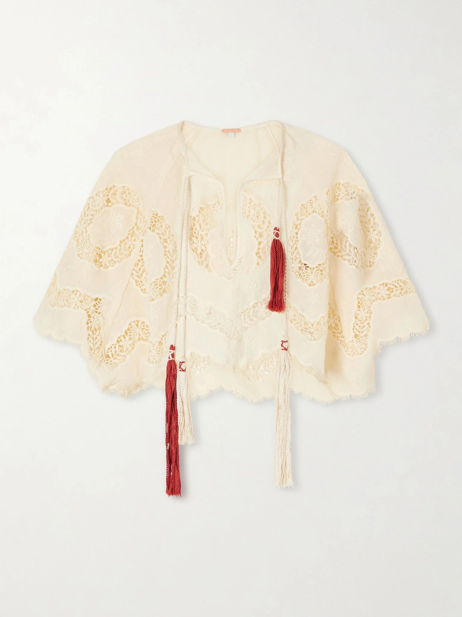 Sun Tides tasseled broderie anglaise cotton-blend top Ecru - 1