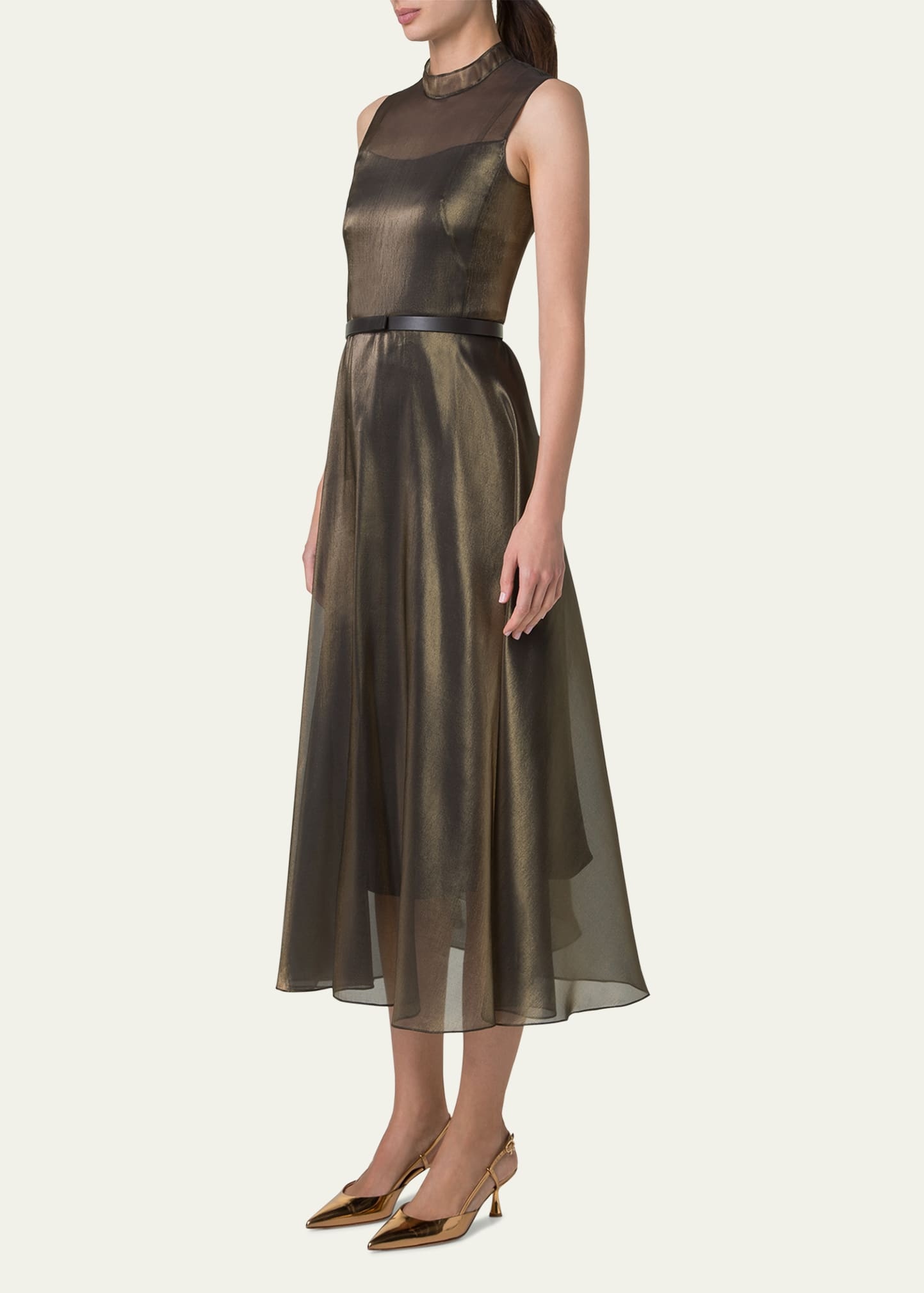 Metallic Organza Sleeveless Midi Dress - 4