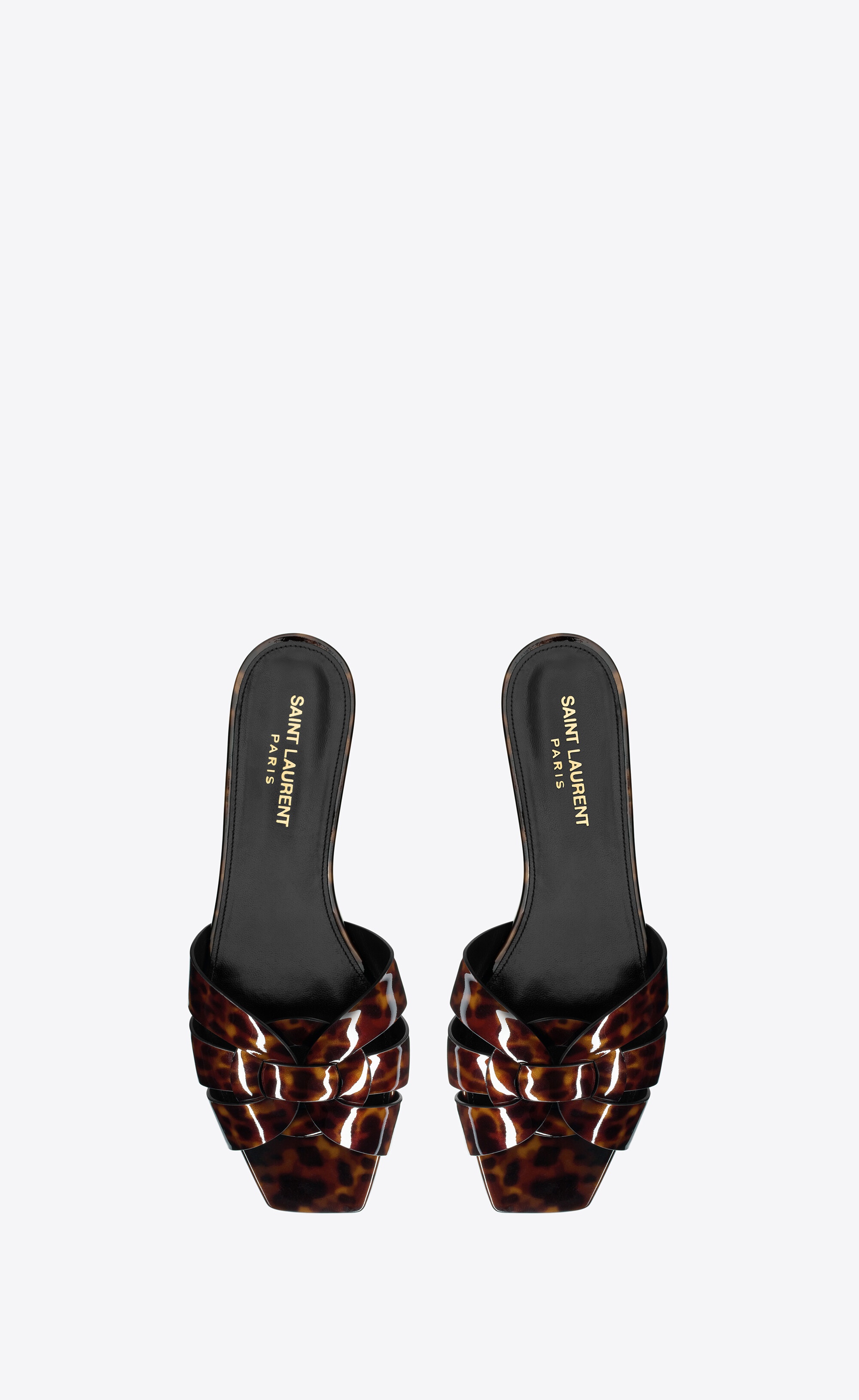 SAINT LAURENT tribute mules in tortoiseshell patent leather ysl