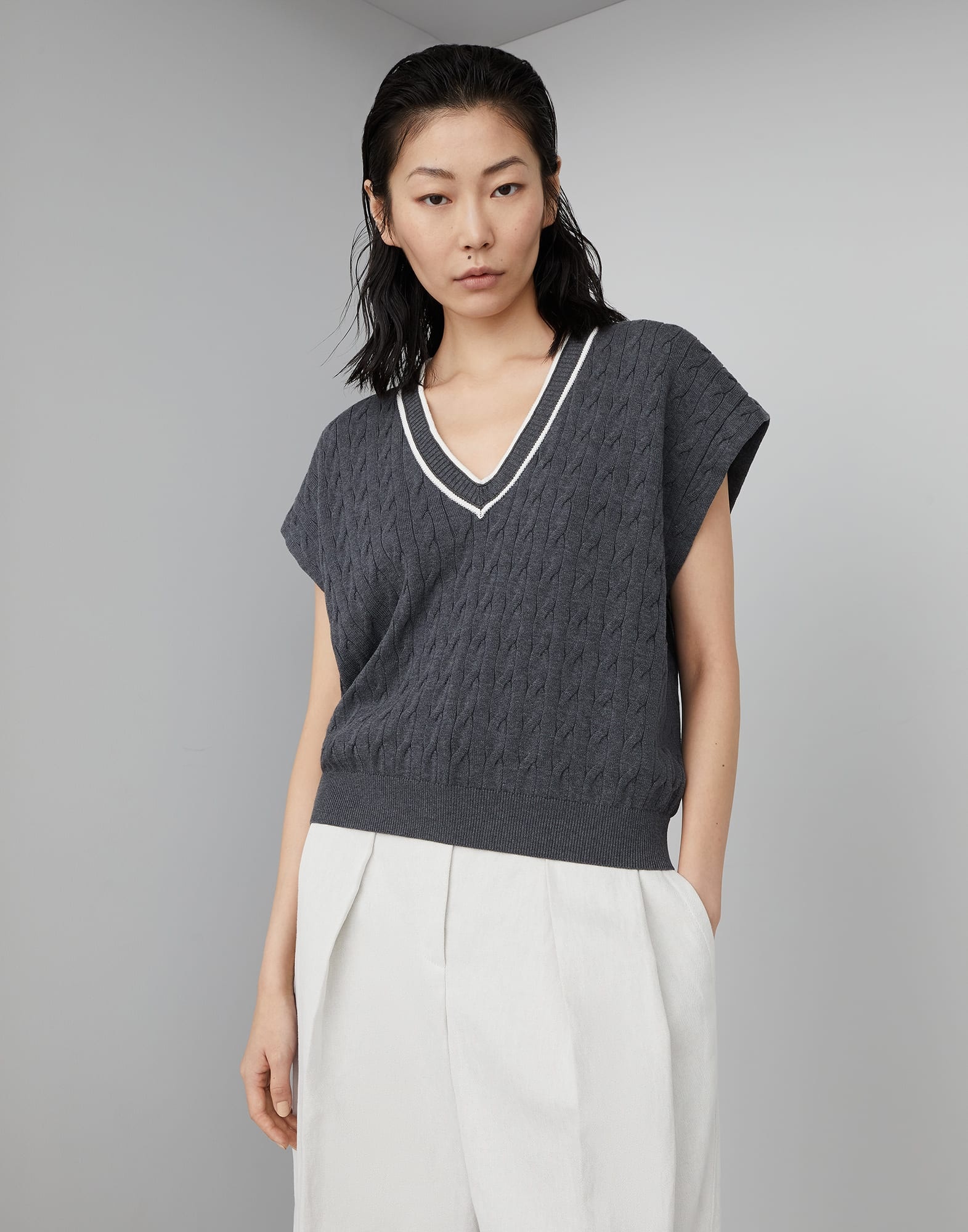 Cotton cable knit sweater with shiny contrast trims - 1