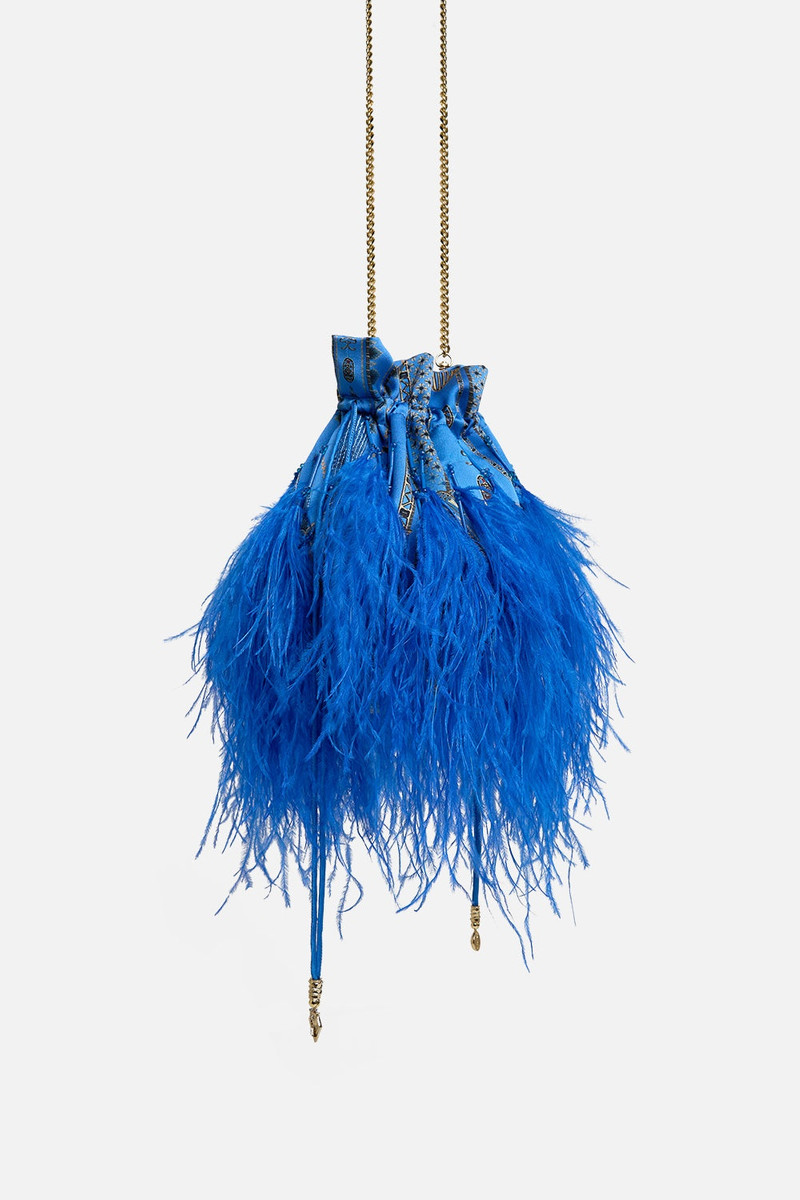 CAMILLA ROUND DRAWSTRING POUCH WITH FEATHERS outlook