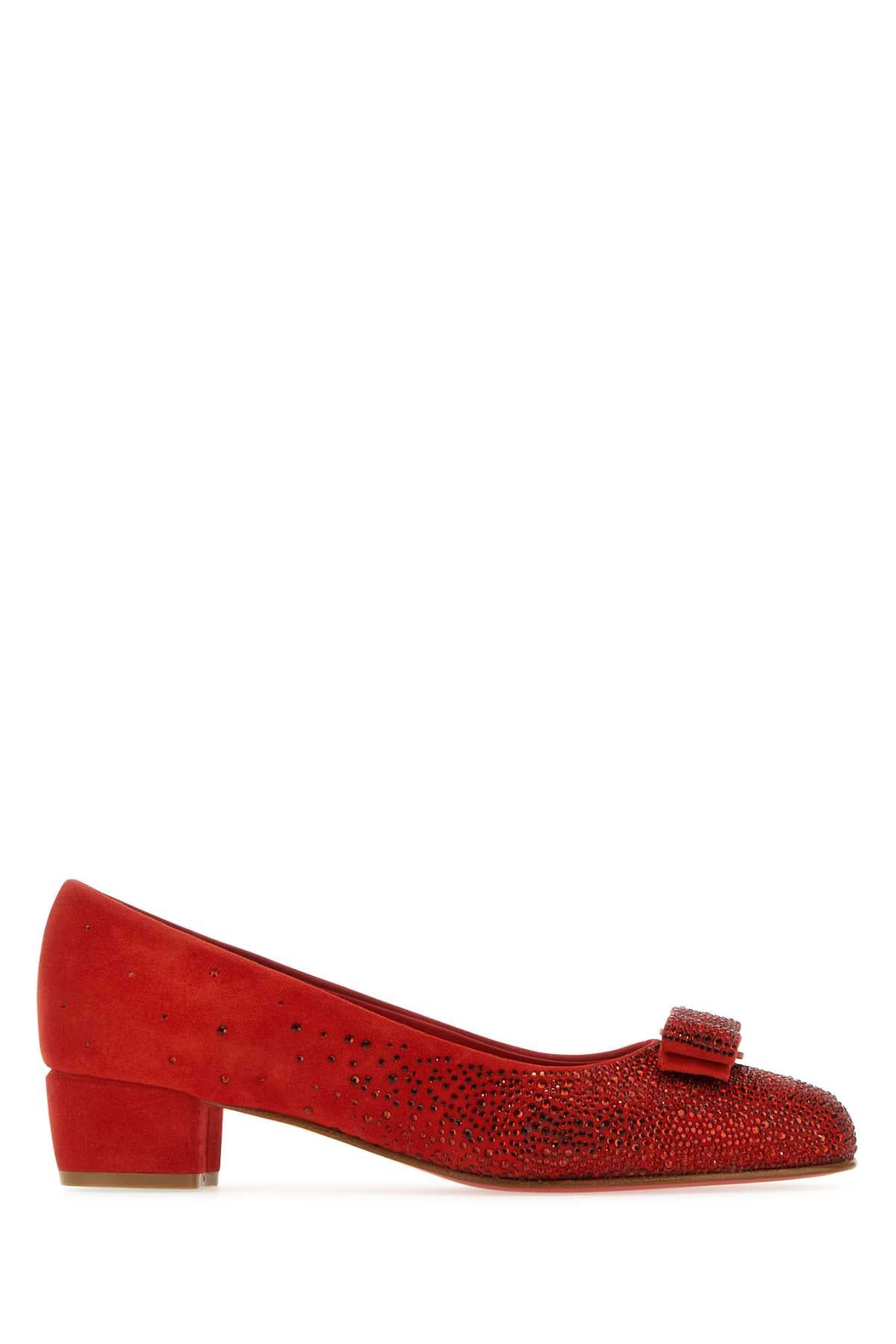Salvatore Ferragamo Women Red Suede Vara Pumps - 1