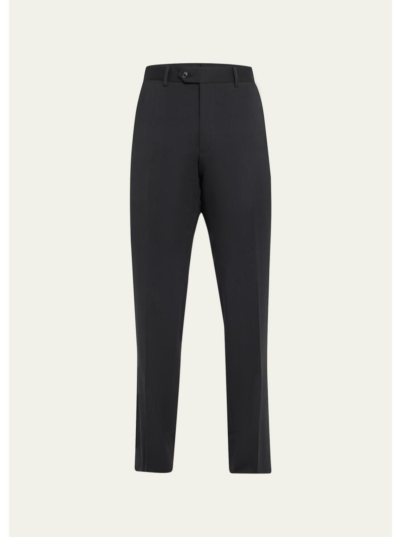 Basic Wool Flat-Front Trousers, Black 1