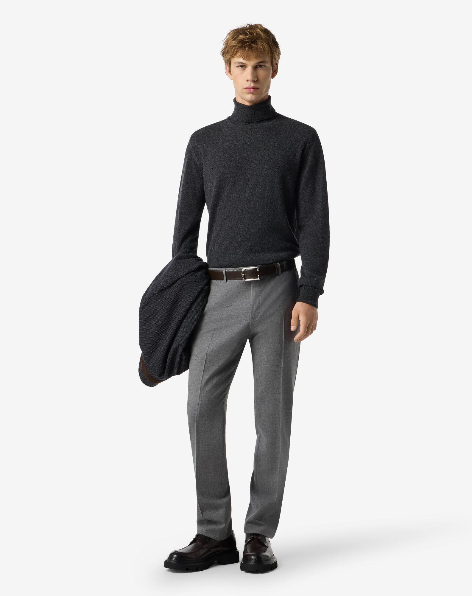 Melange grey stretch wool bengaline trousers - 2