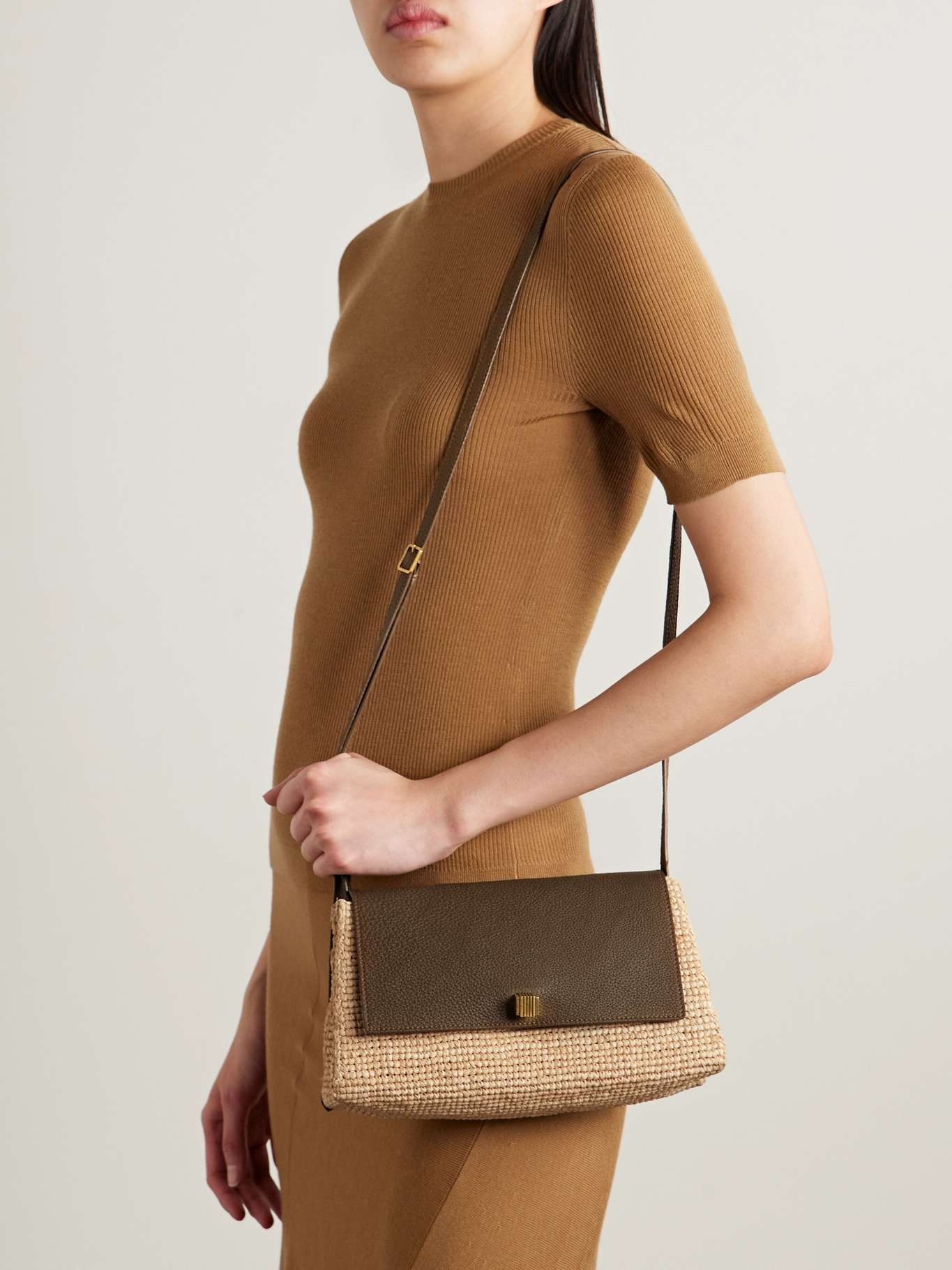 Audrey raffia and textured-leather shoulder bag Neutral - 2