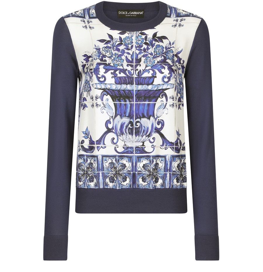 Majolica-print silk and twill sweater - 1