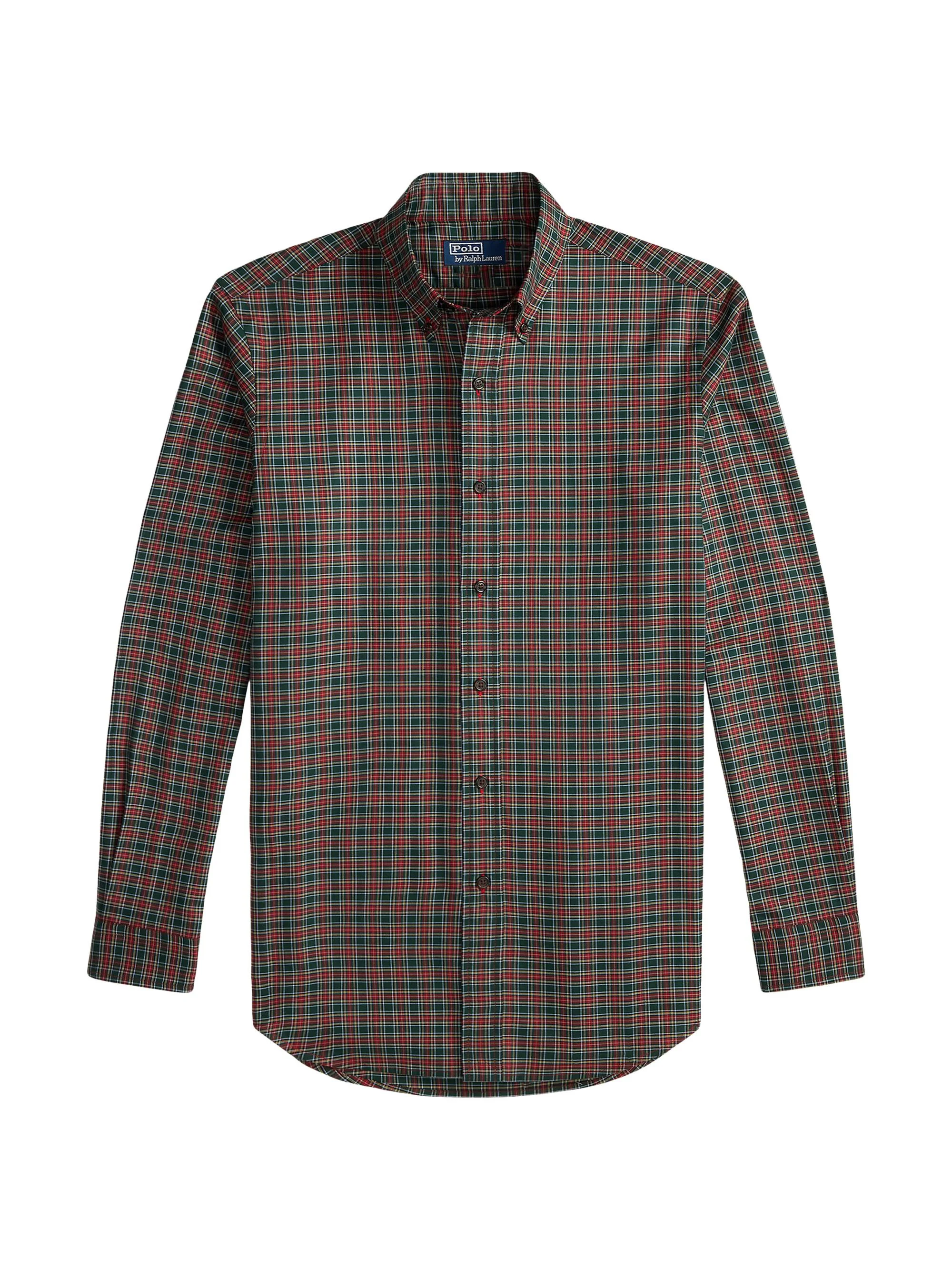 Men's Plaid Cotton Twill Button-Down Shirt - Green Red Multi - 1