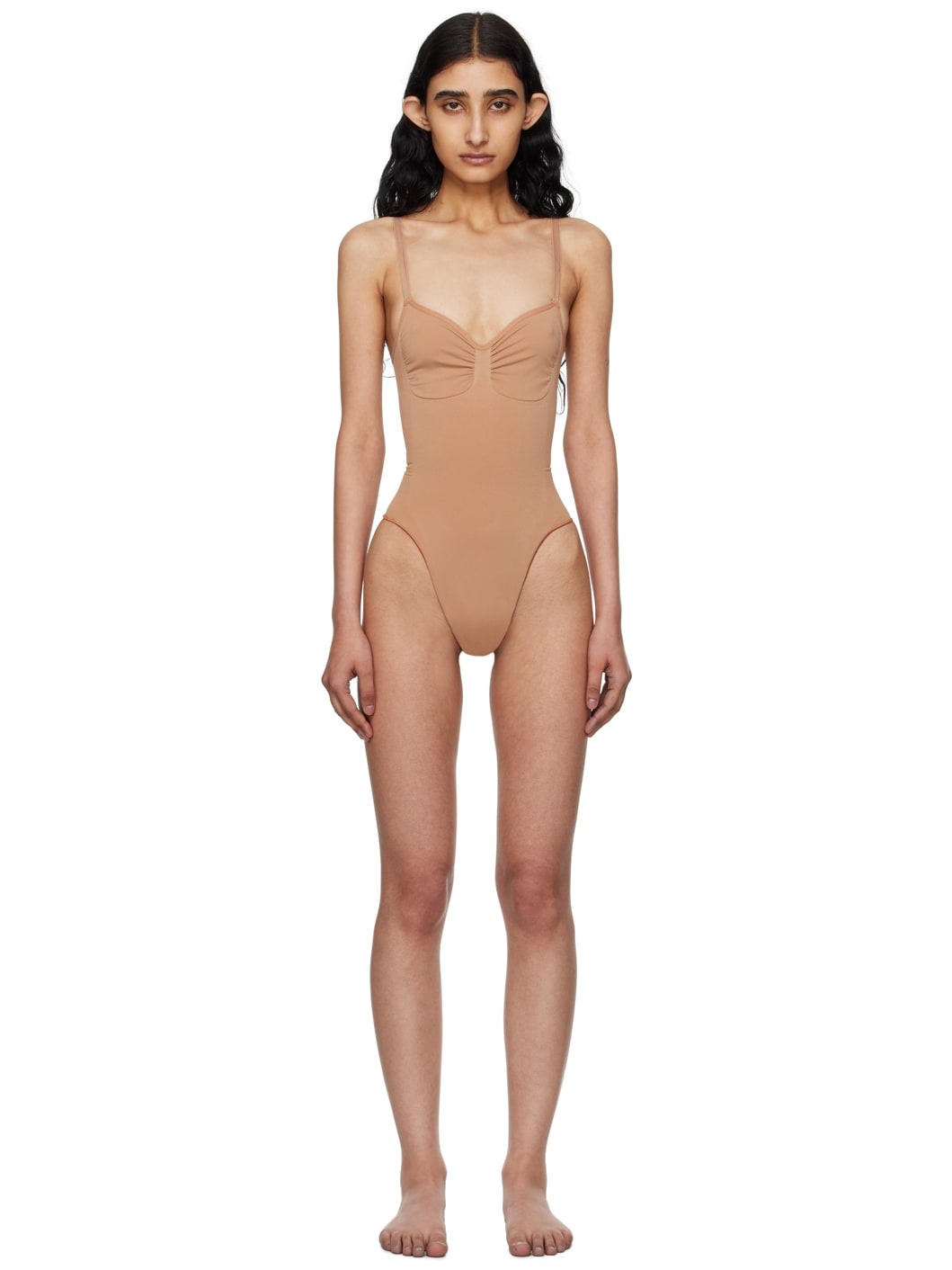 Tan Seamless Sculpt Low Back Thong Bodysuit - 1