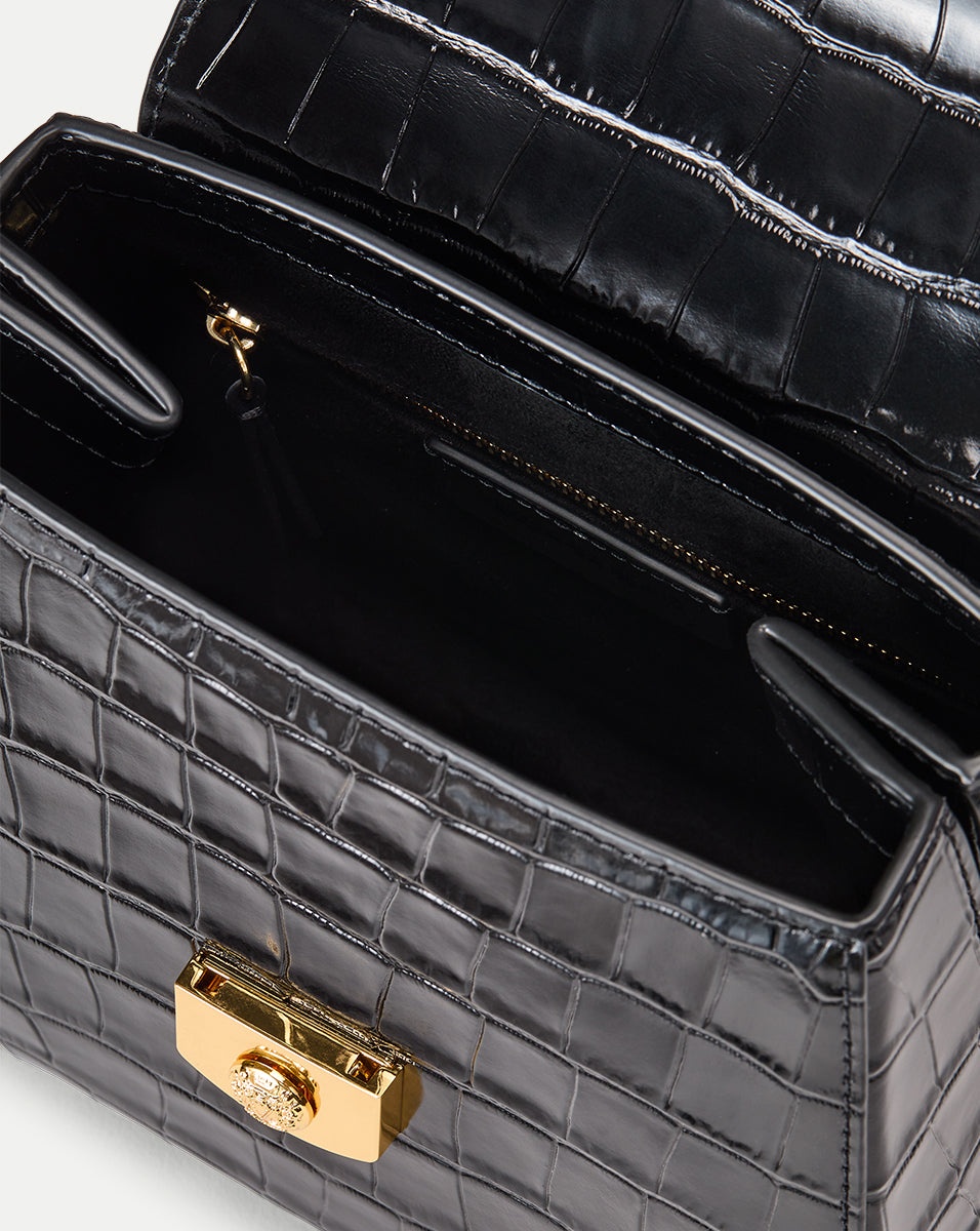 CROC-EMBOSSED CREST LOCK TOP HANDLE BAG - 4