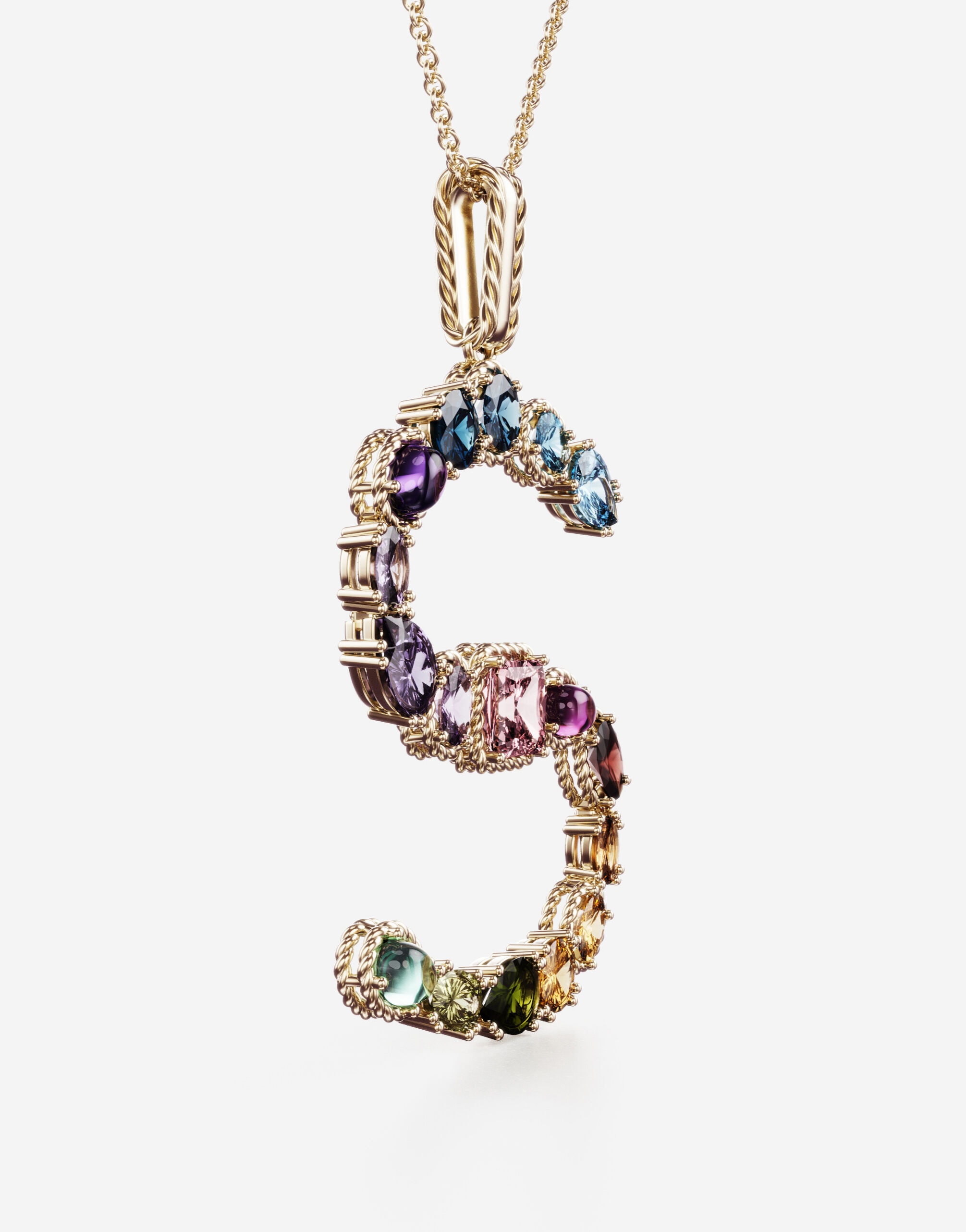 Rainbow alphabet S pendant in yellow gold with multicolor fine gems - 3