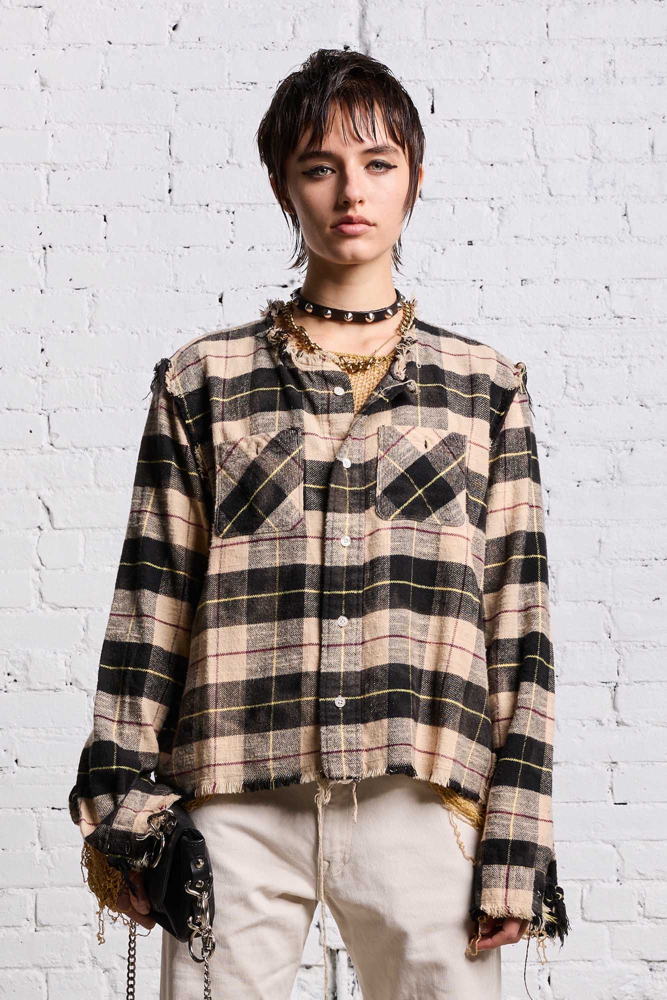 SHREDDED CREWNECK SHIRT - BLEACHED BEIGE PLAID - 4