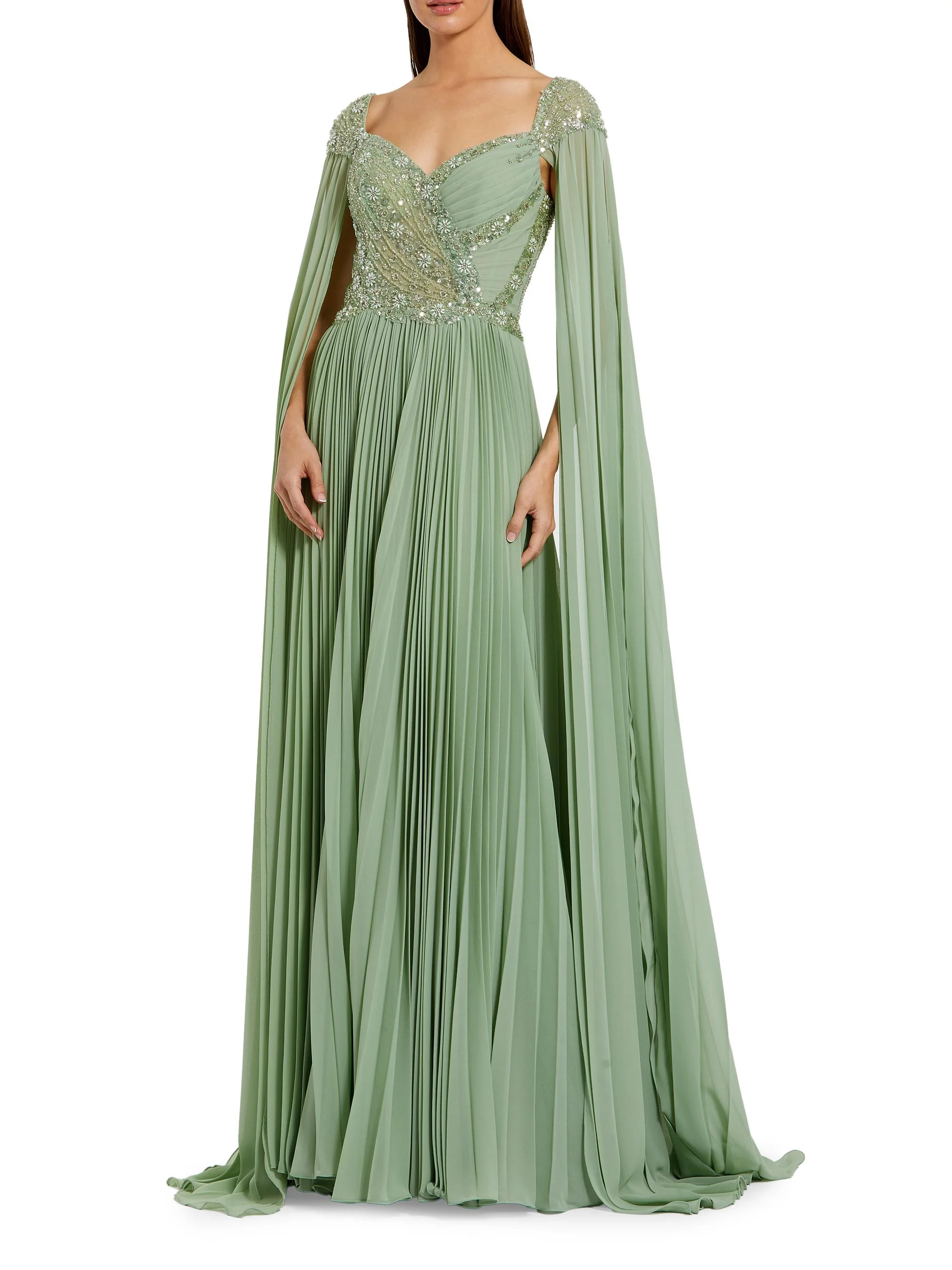 Women's Evening Pleated Cape Gown - Sage - 1