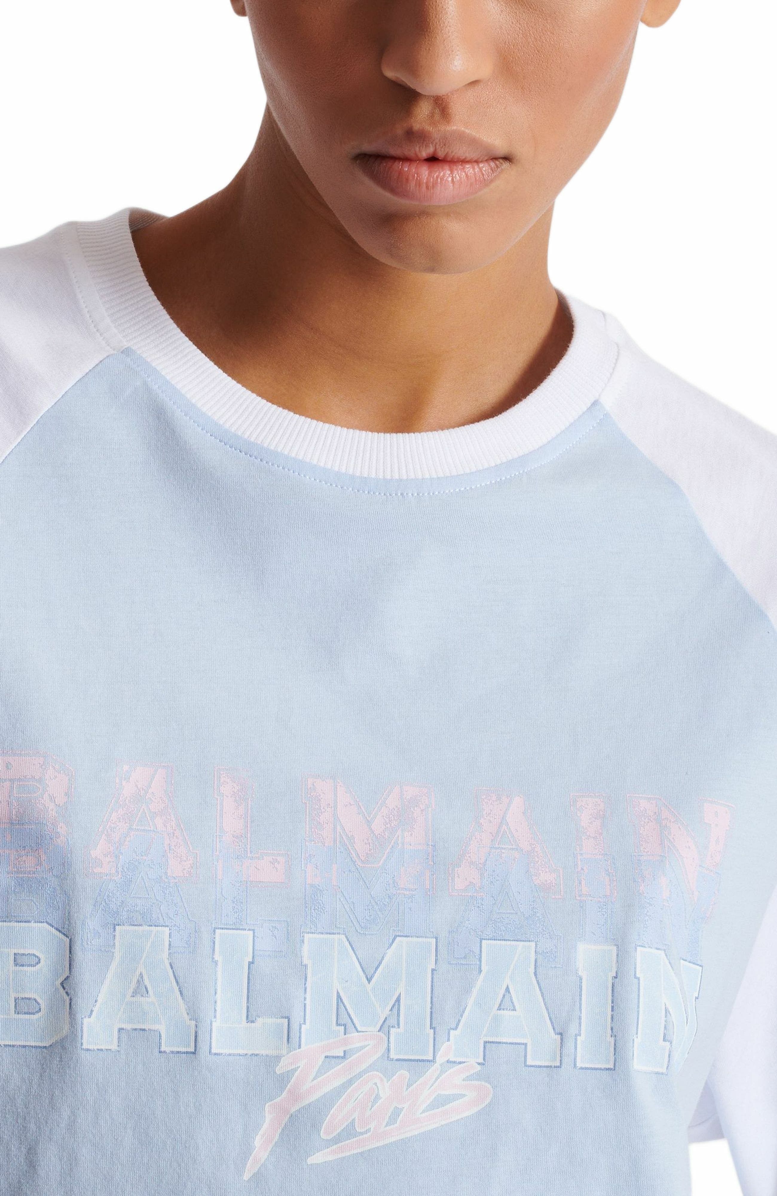 Cropped T-shirt with Balmain Paris print in Blue at Nordstrom - 6