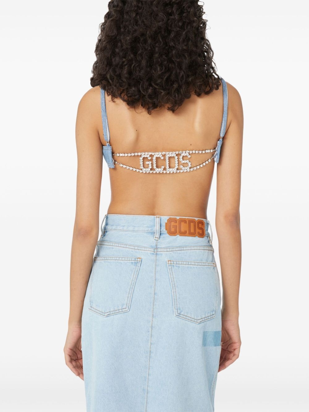 logo-embellished denim bustier top - 4