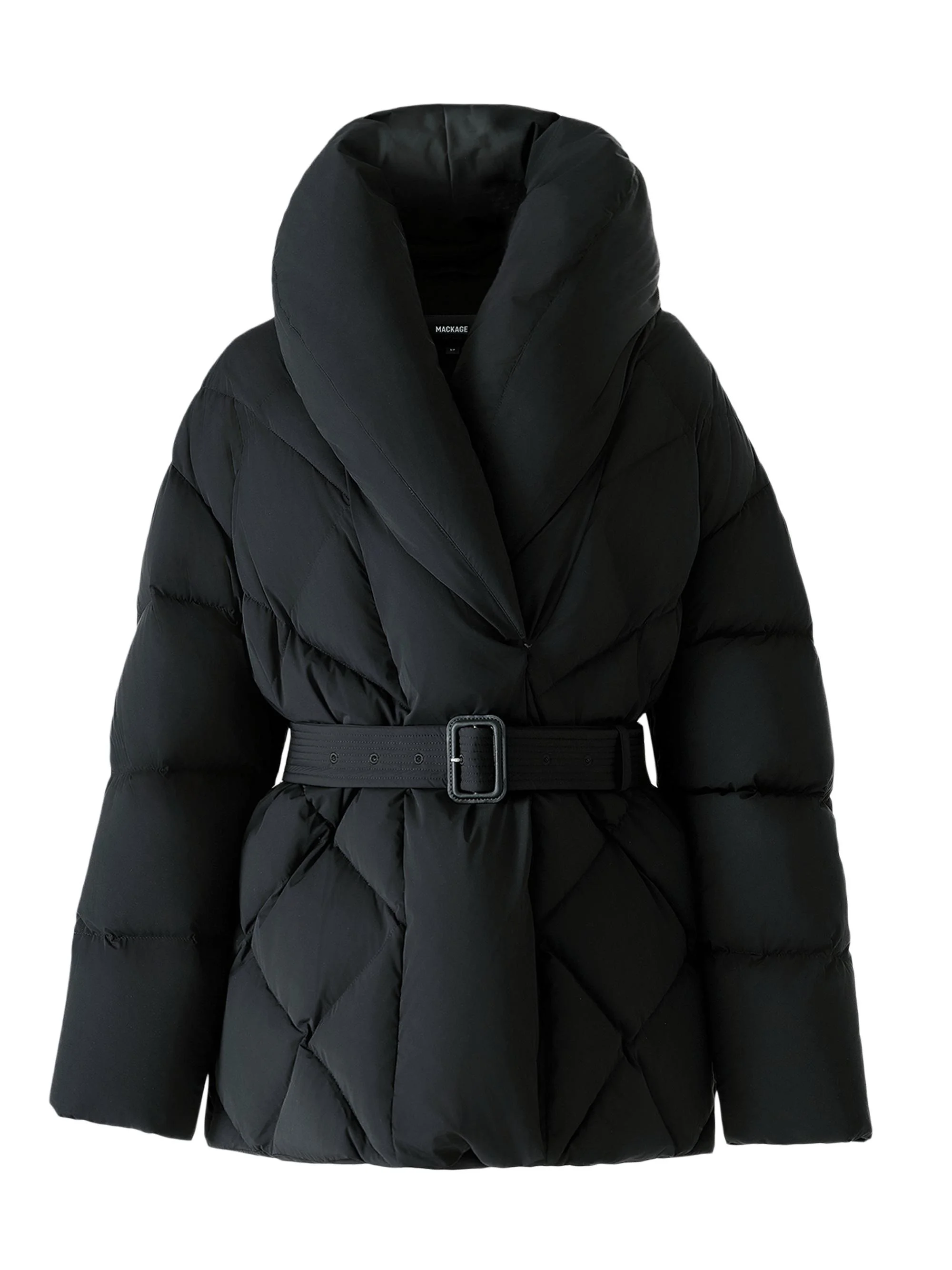 Women's Olive Down Belted Jacket - Black - 1